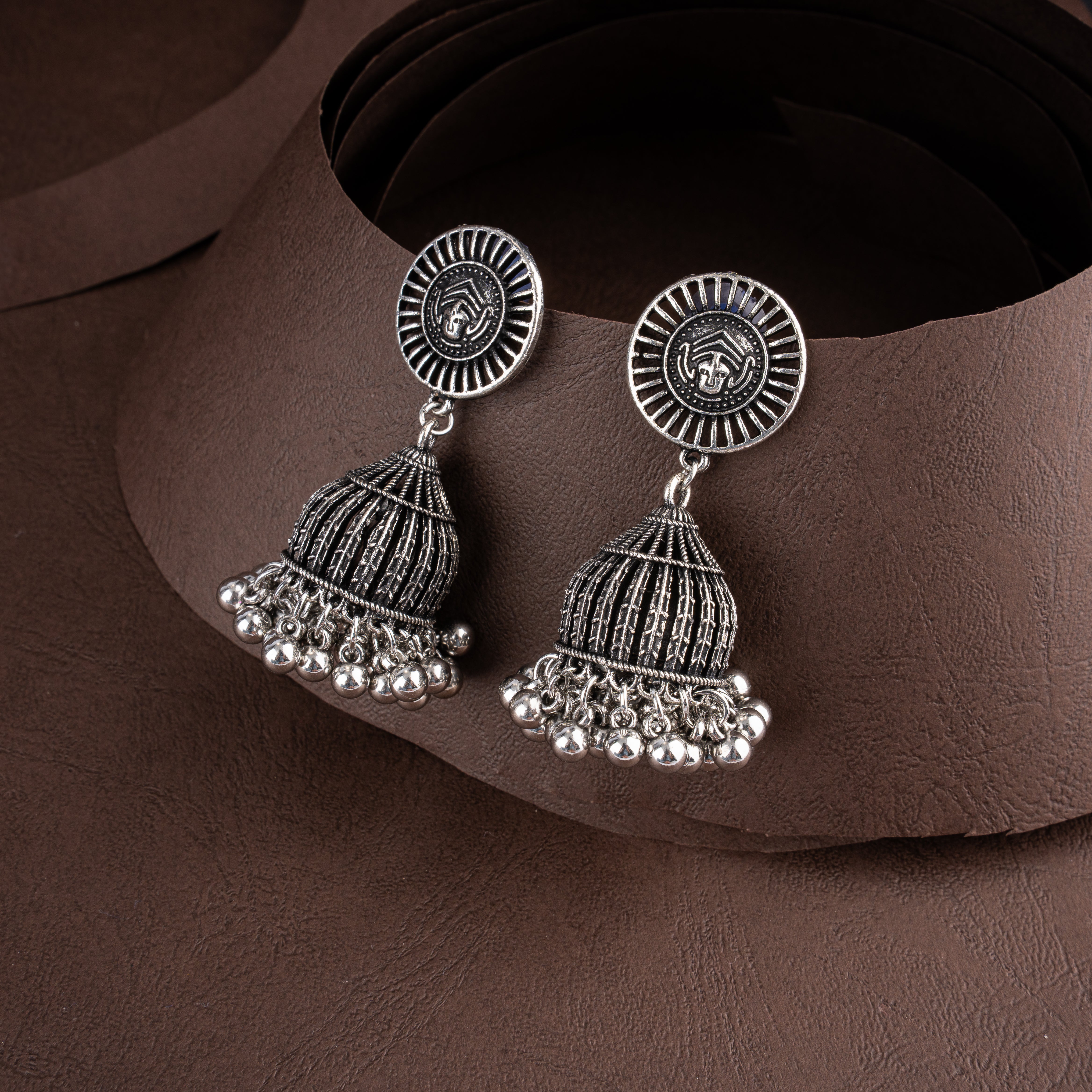 Oxidised Silver Sunburst Medallion Collar Choker Necklace Set with Bell Jhumkis
