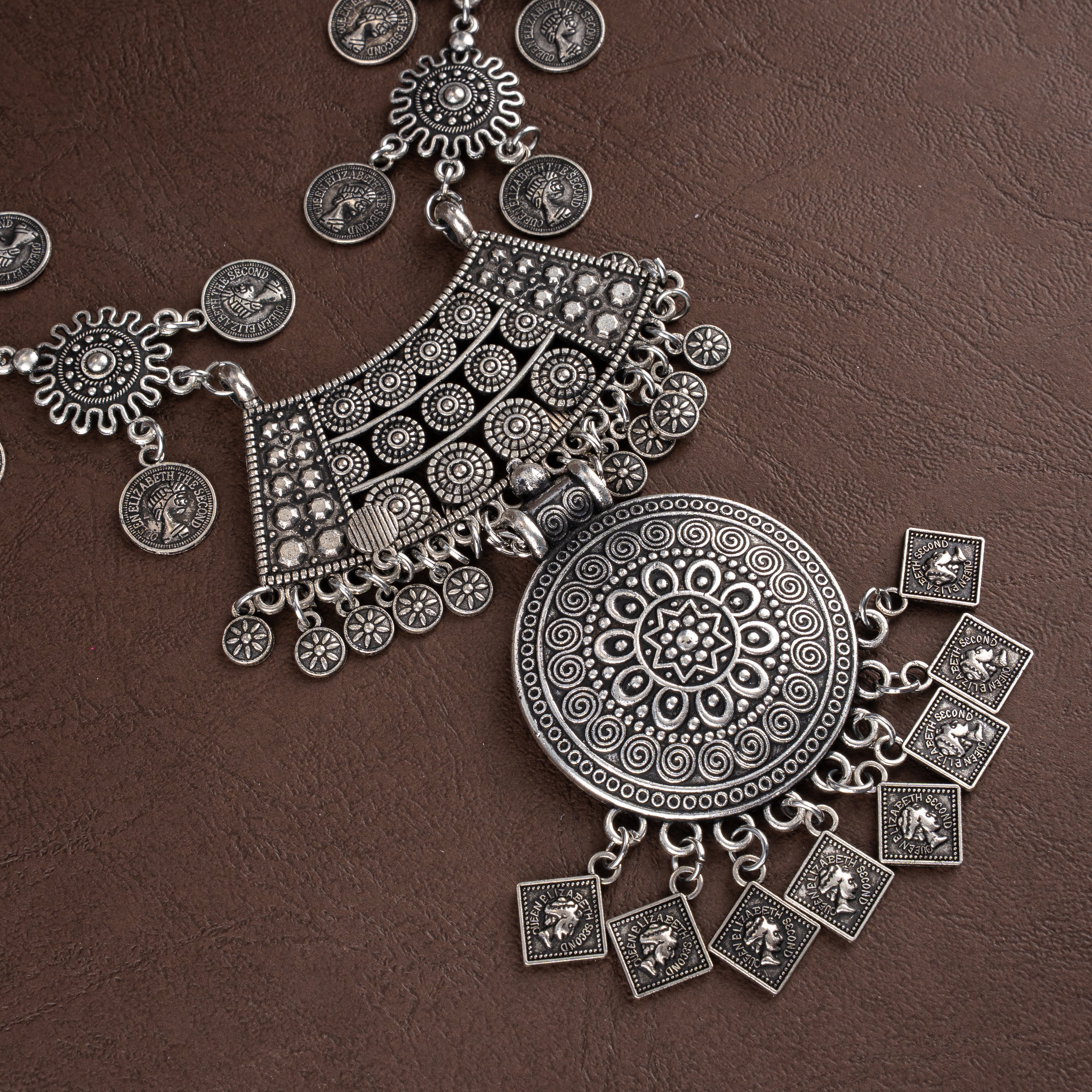 Oxidised Silver Sunburst Coin Long Haram Necklace Set with Bell Jhumkis