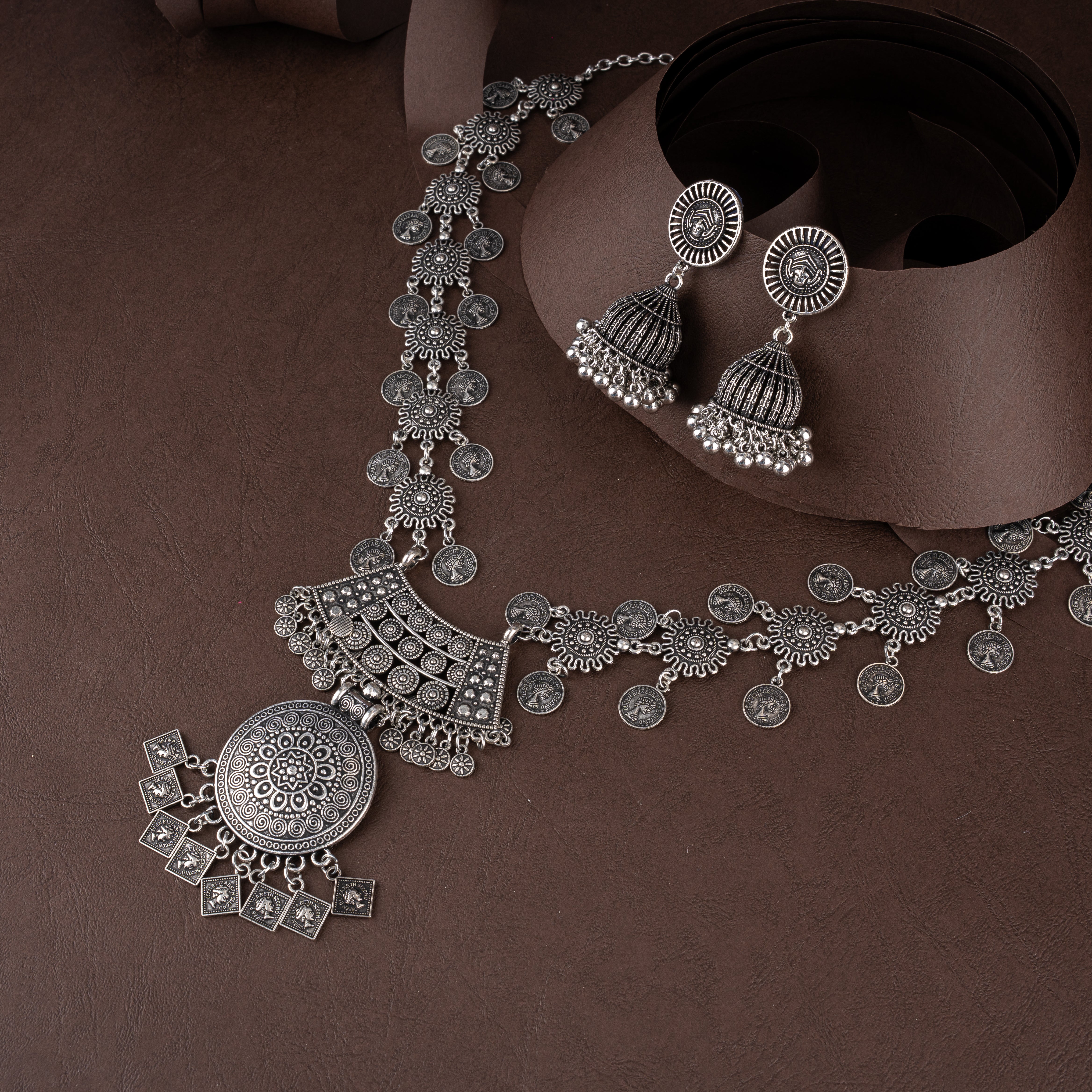 Oxidised Silver Sunburst Coin Long Haram Necklace Set with Bell Jhumkis