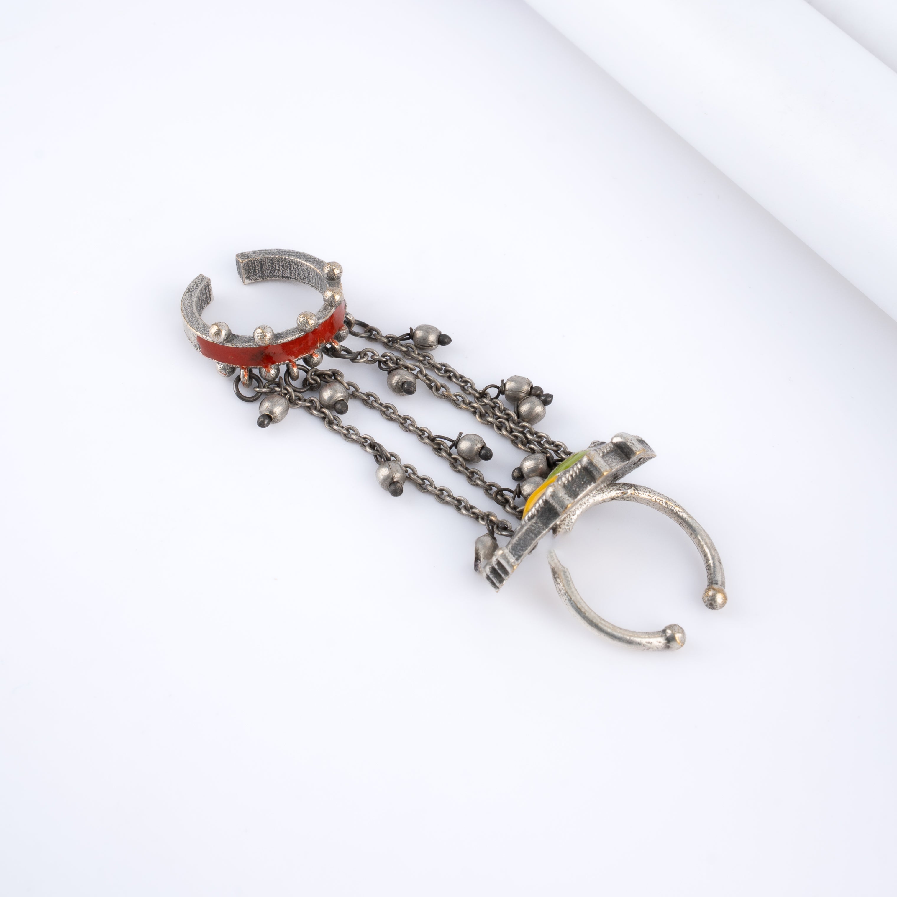 Oxidised Silver Fish Meenakari Chain Linked Full Finger Armor Ring