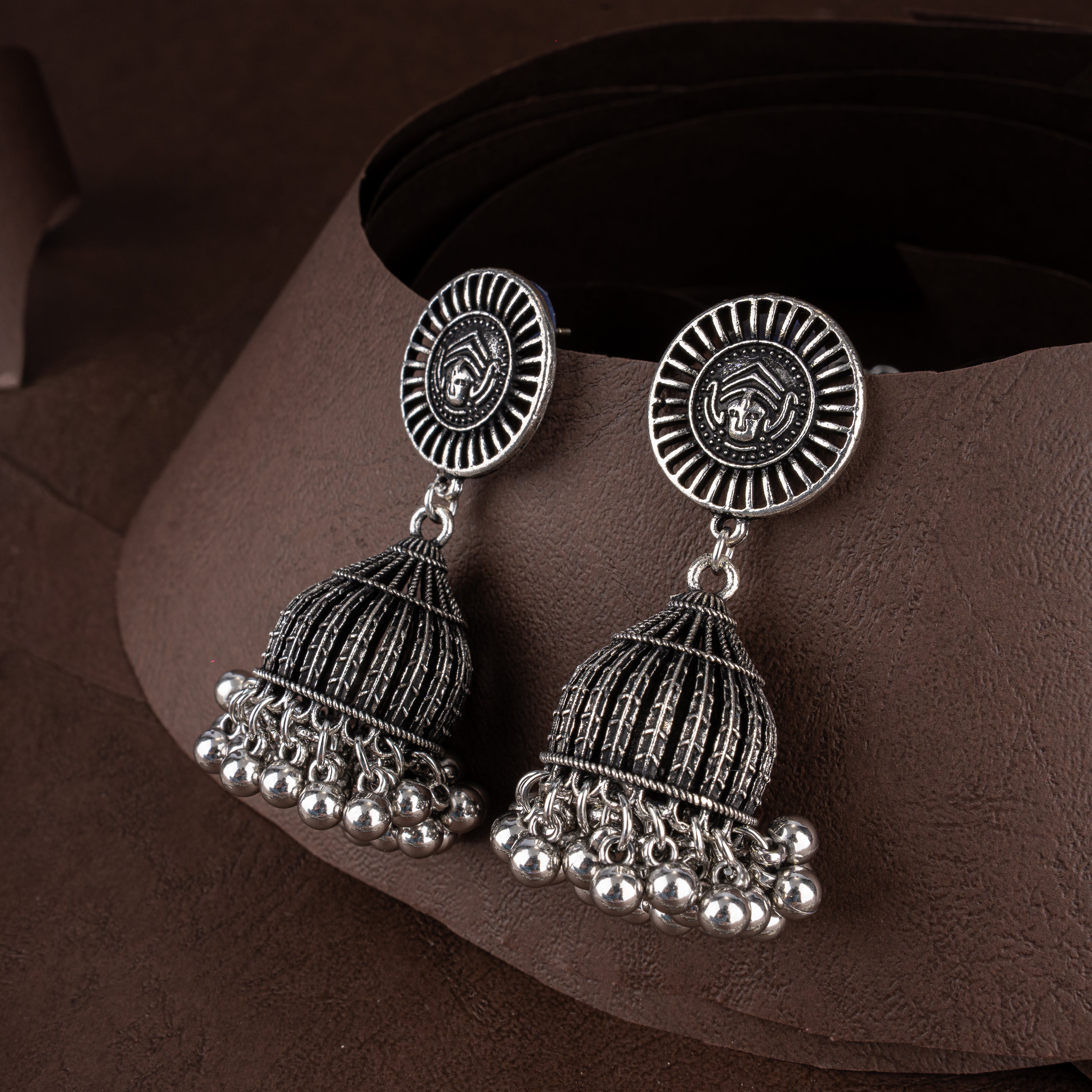 Oxidised Silver Sunburst Coin Long Haram Necklace Set with Bell Jhumkis