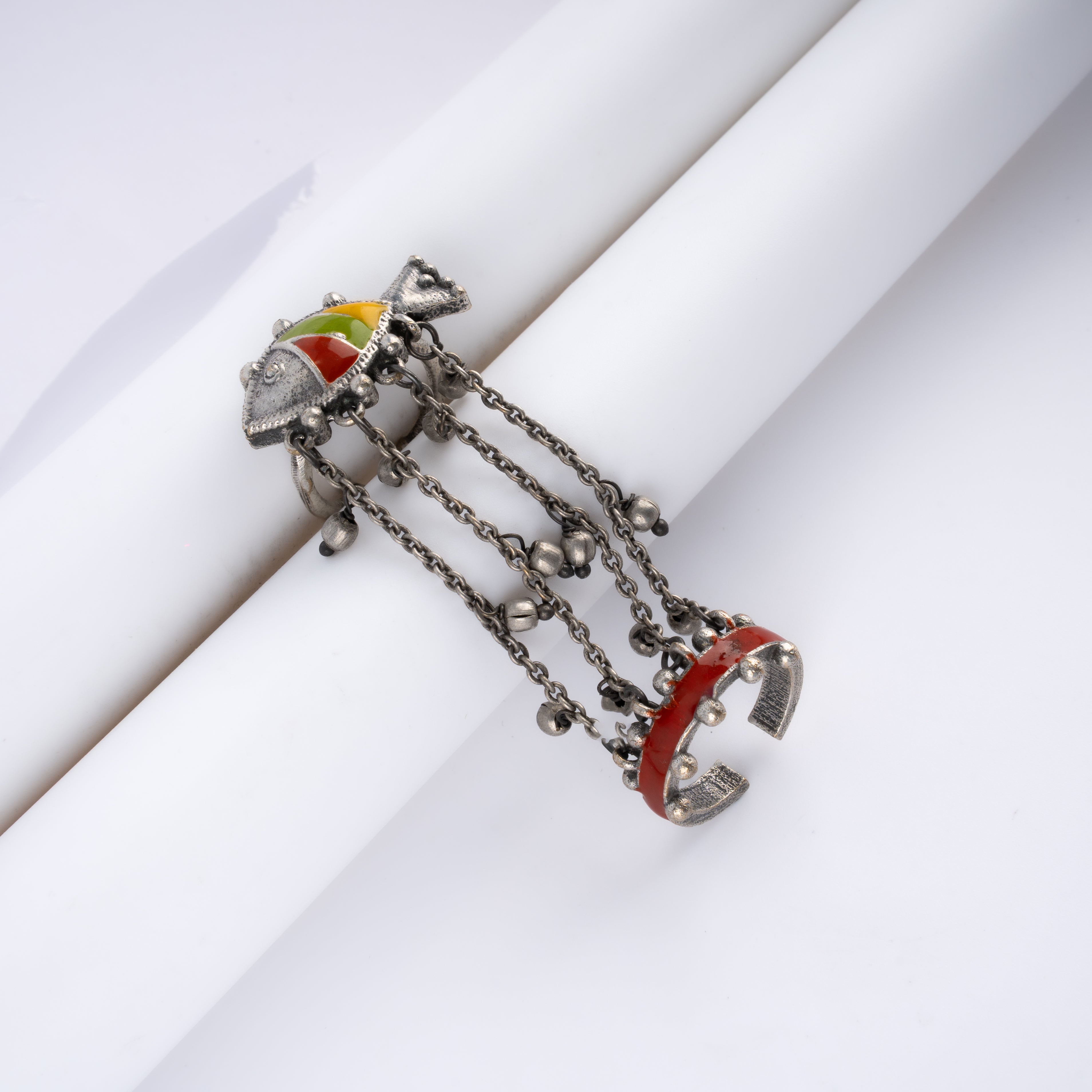 Oxidised Silver Fish Meenakari Chain Linked Full Finger Armor Ring