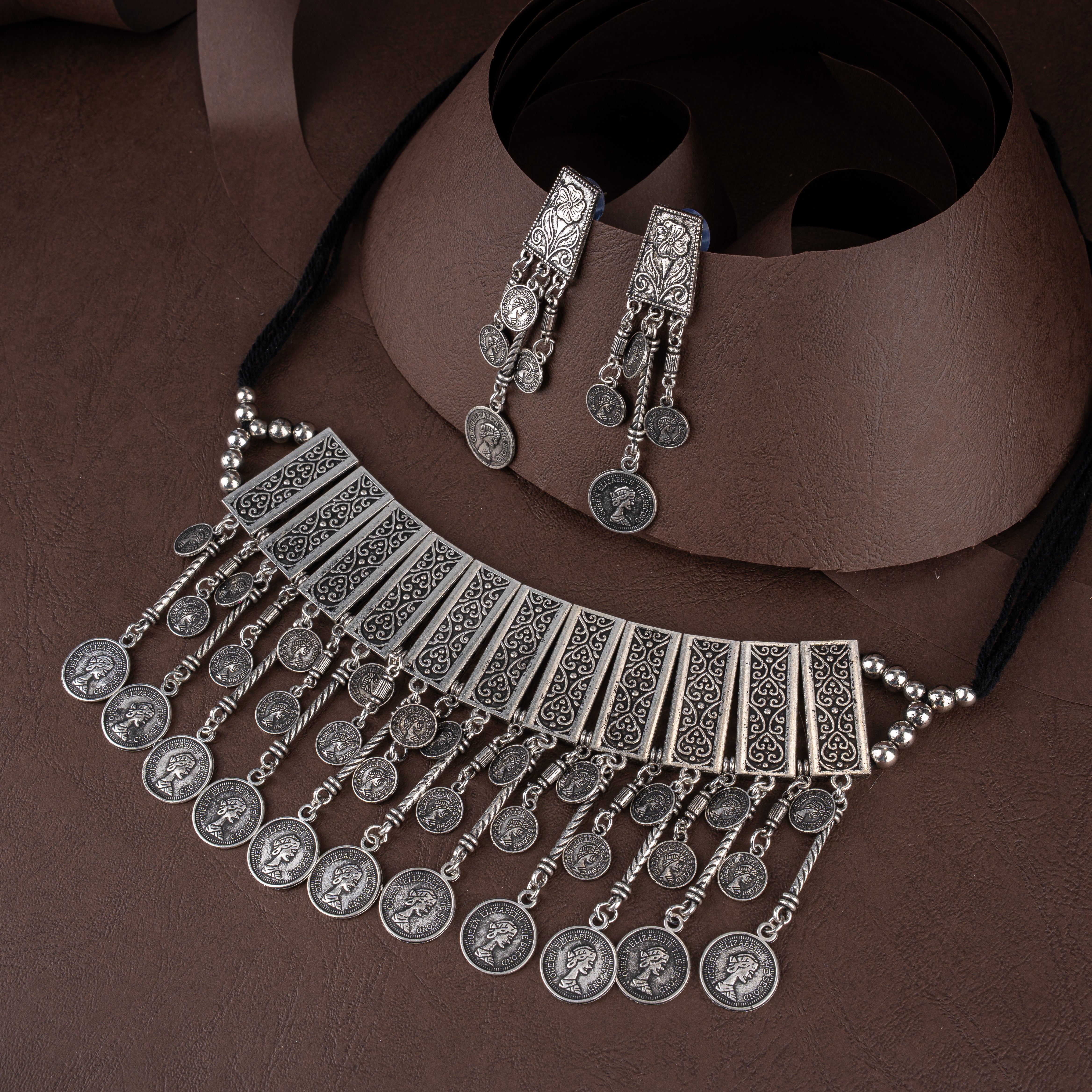 Oxidised Silver Filigree Plaque Fringe Choker Necklace Set with Coin Drops