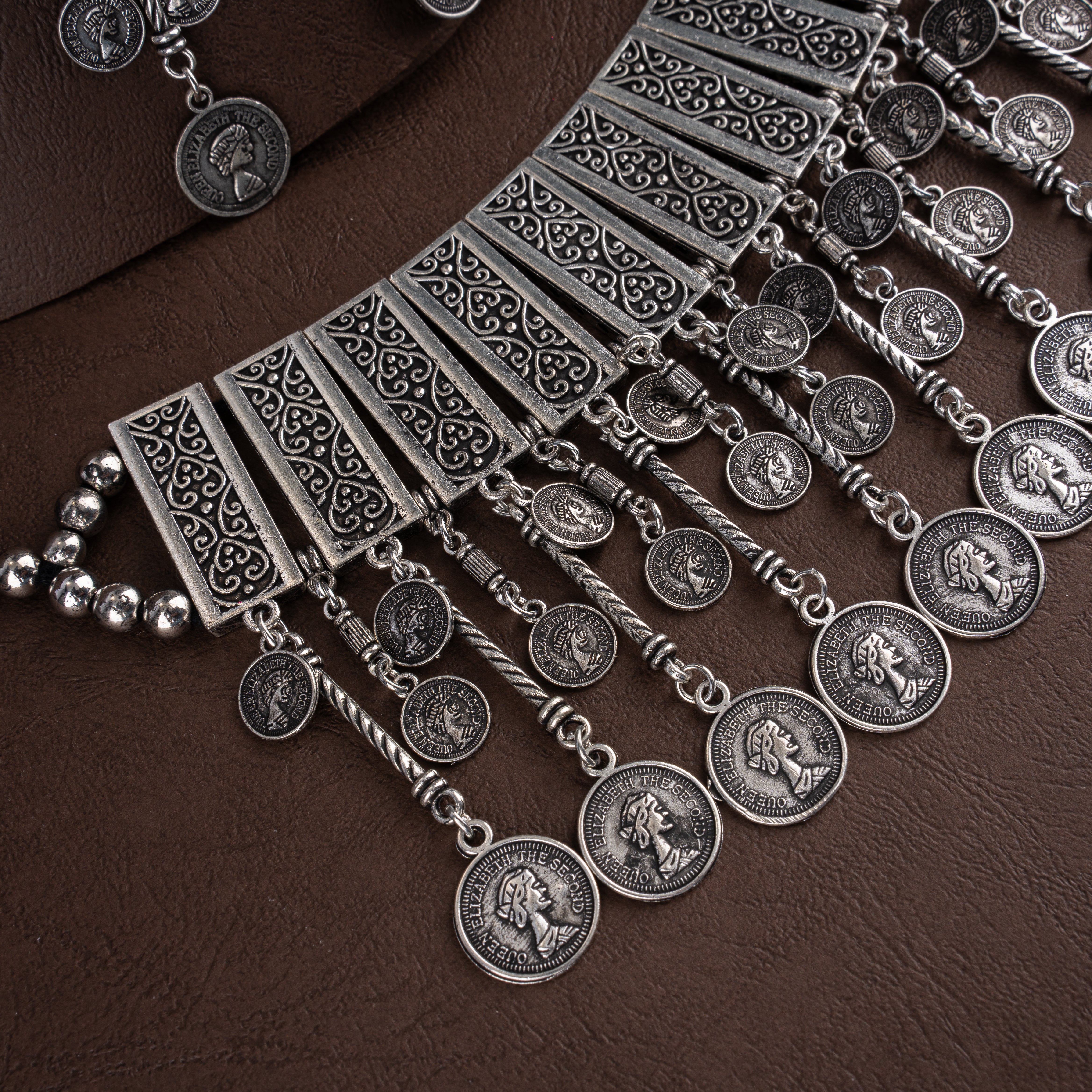 Oxidised Silver Filigree Plaque Fringe Choker Necklace Set with Coin Drops