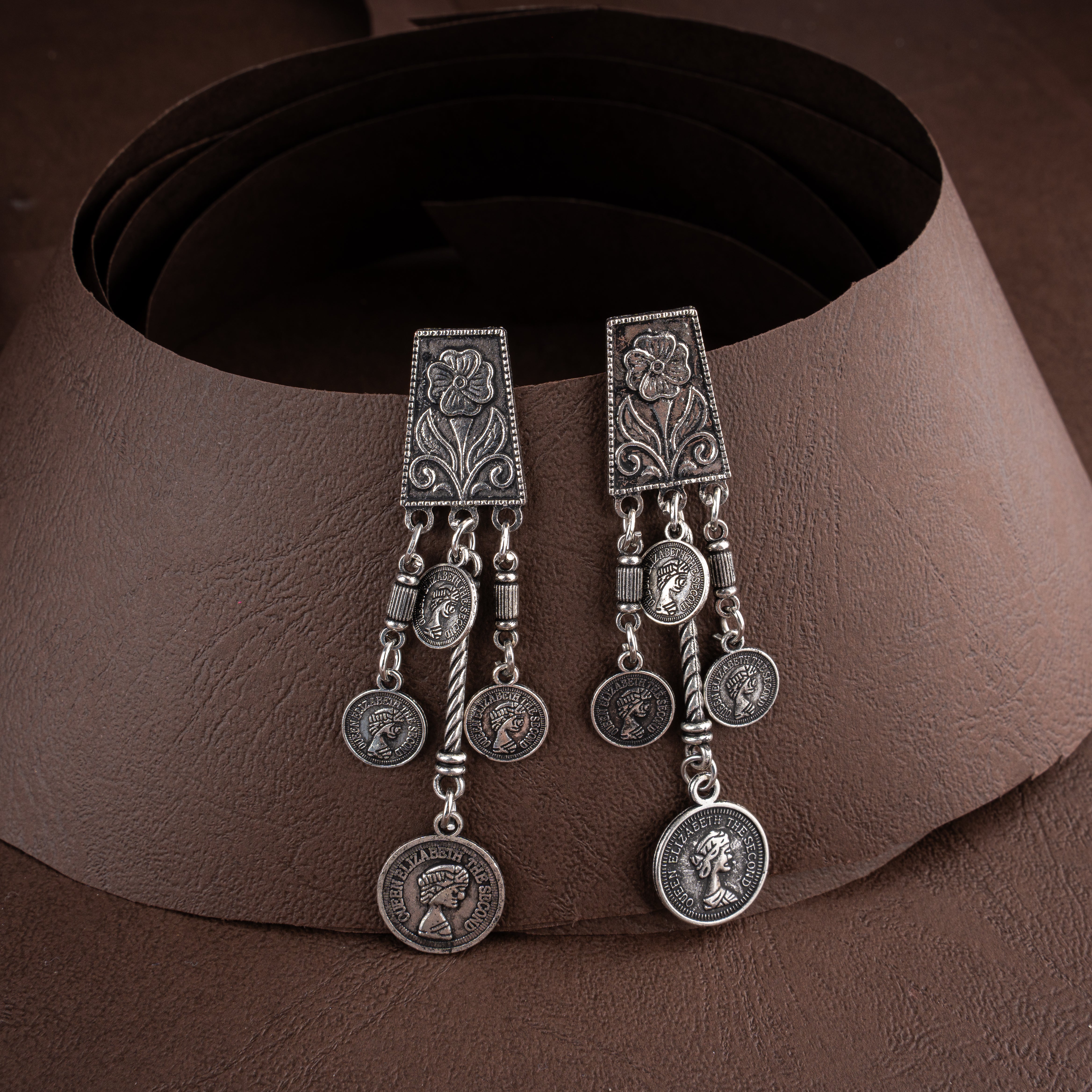 Oxidised Silver Filigree Plaque Fringe Choker Necklace Set with Coin Drops