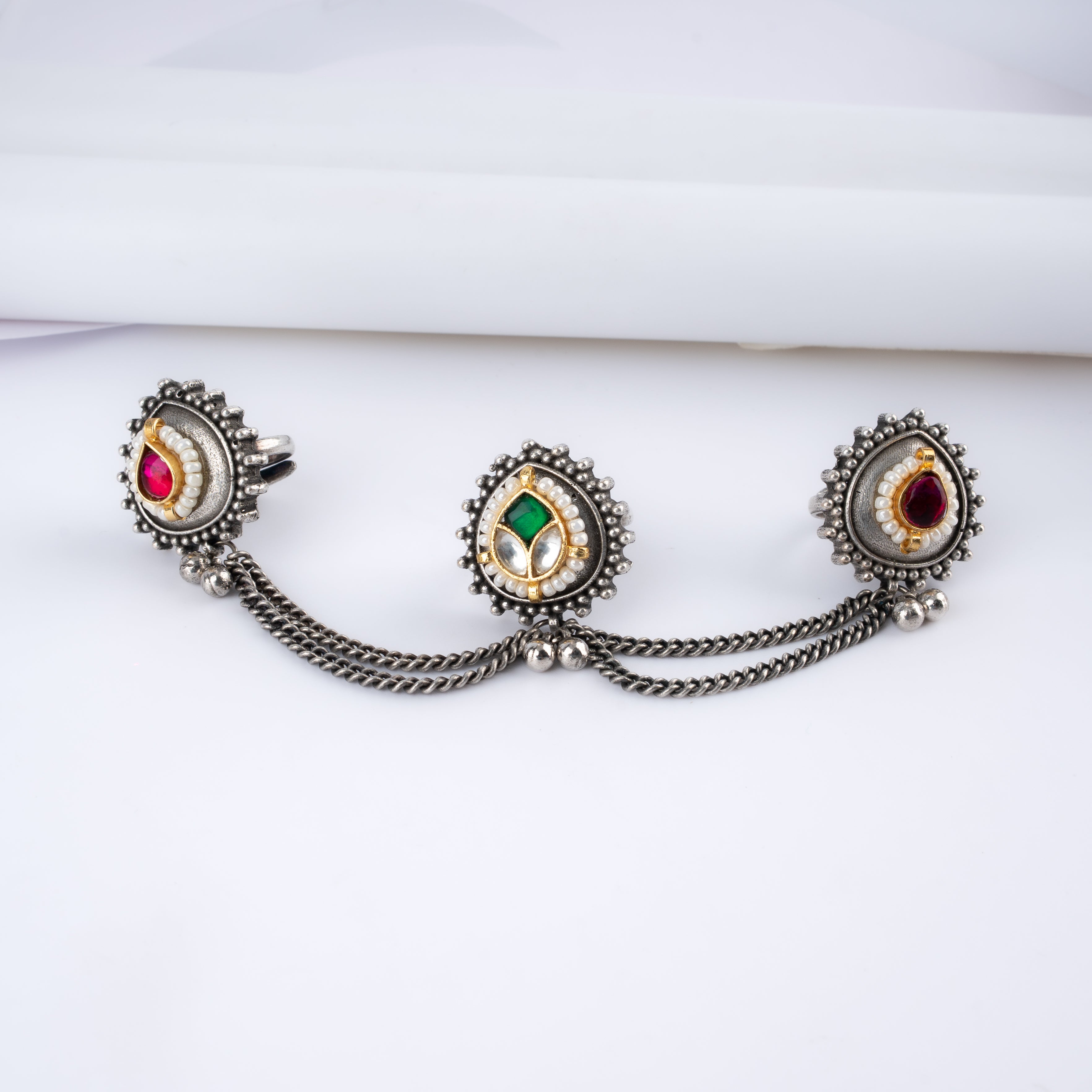 Oxidised Silver Kundan Pearl Three Finger Chain Ring