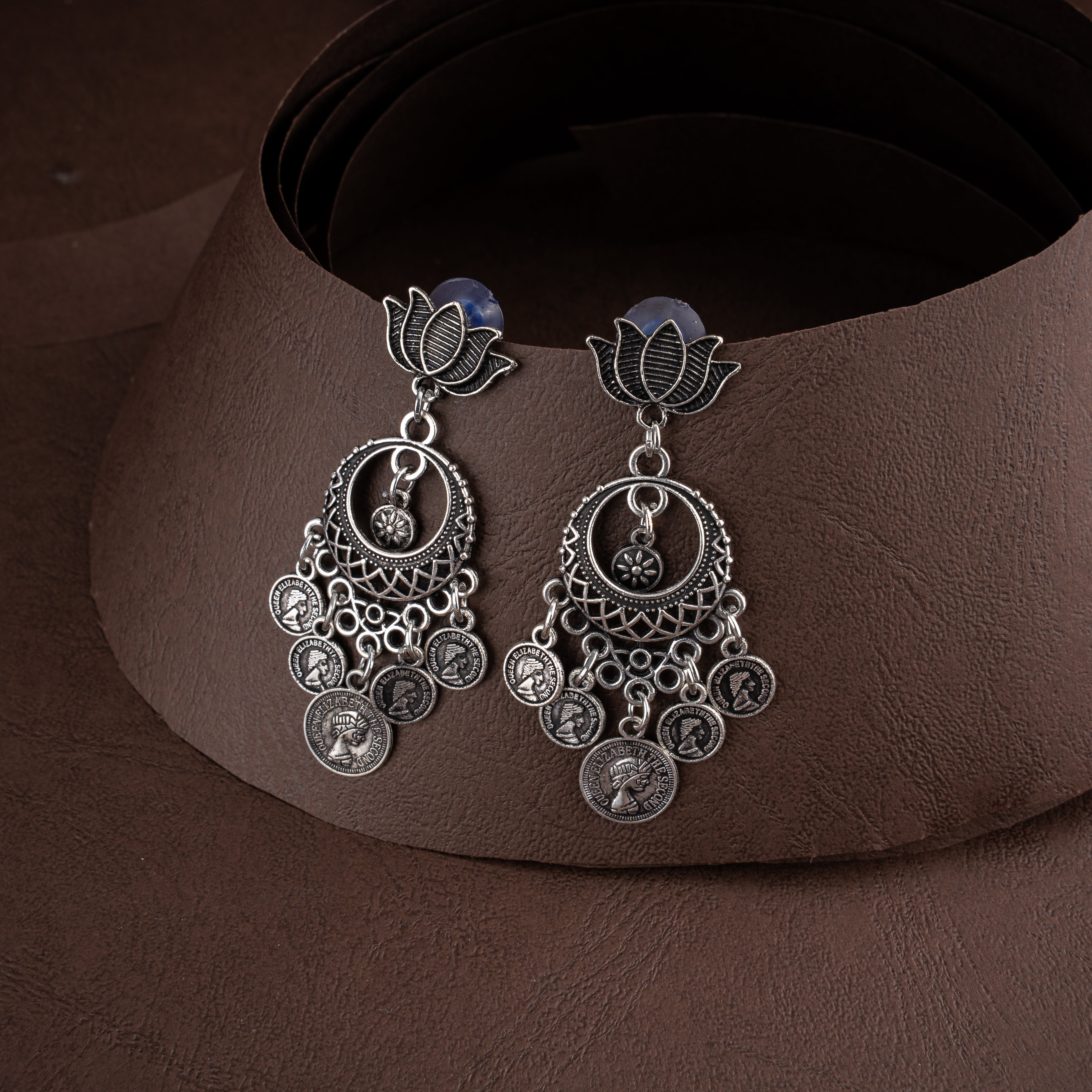 Oxidised Silver Crescent Coin Shingle Collar Necklace Set with Lotus Drops