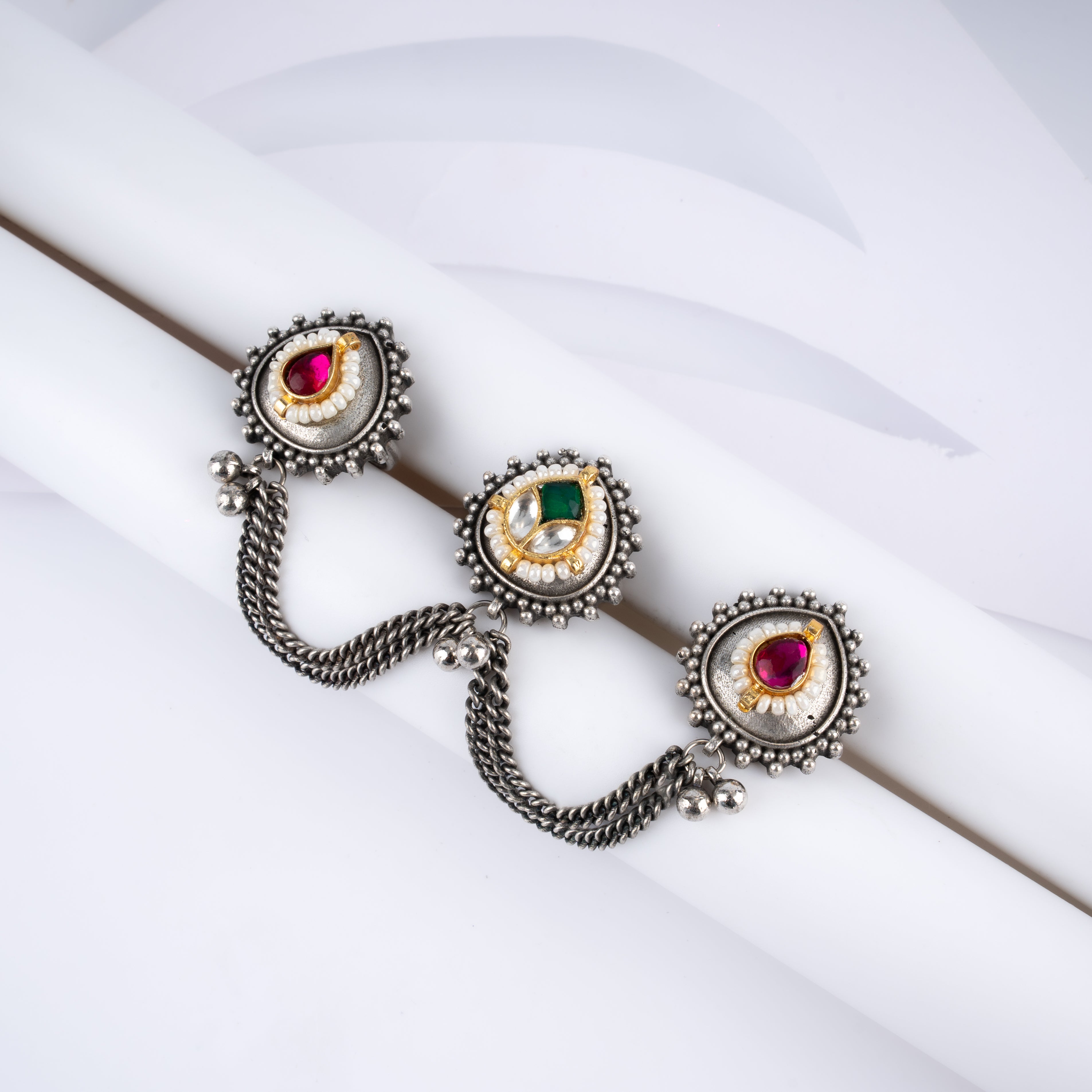 Oxidised Silver Kundan Pearl Three Finger Chain Ring