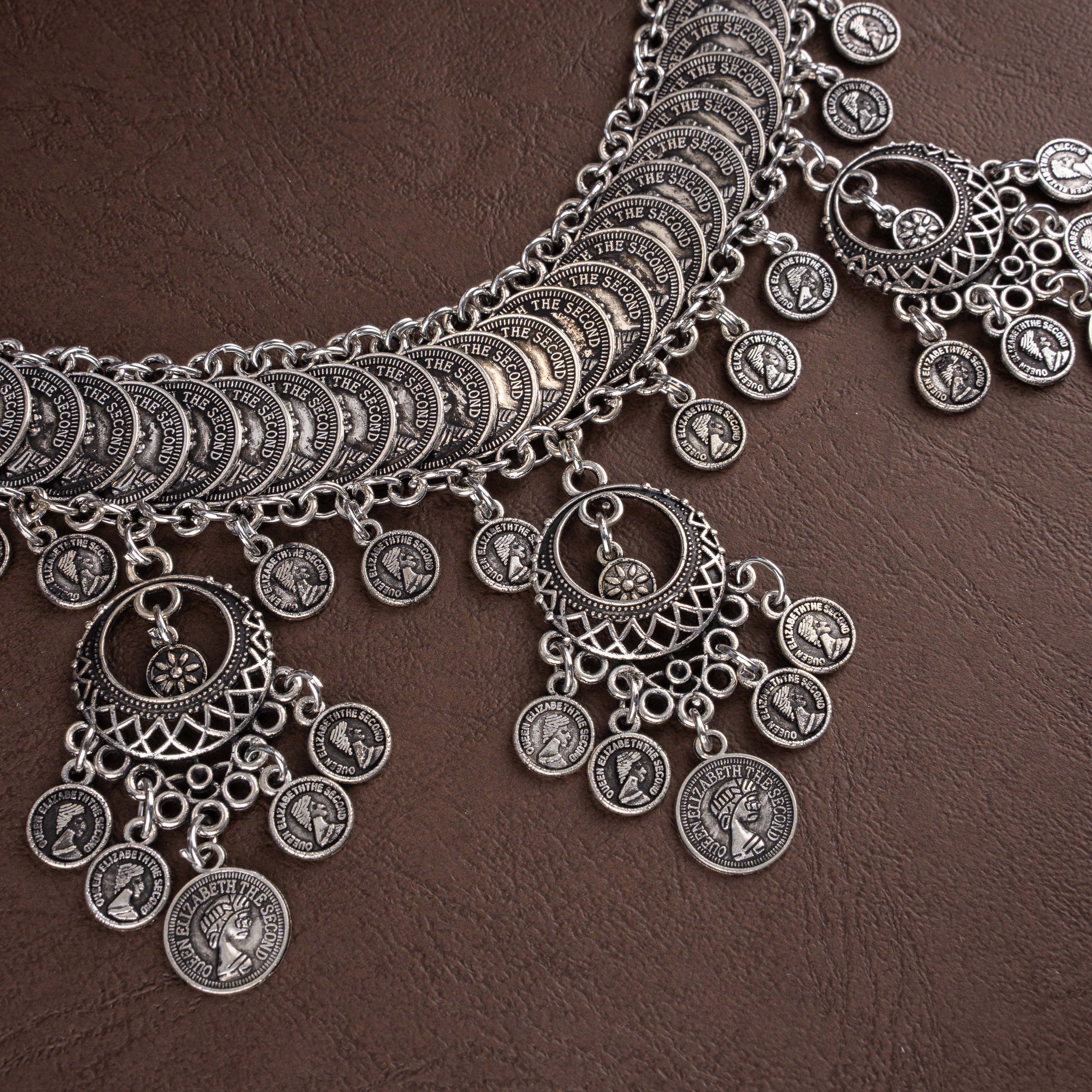 Oxidised Silver Crescent Coin Shingle Collar Necklace Set with Lotus Drops
