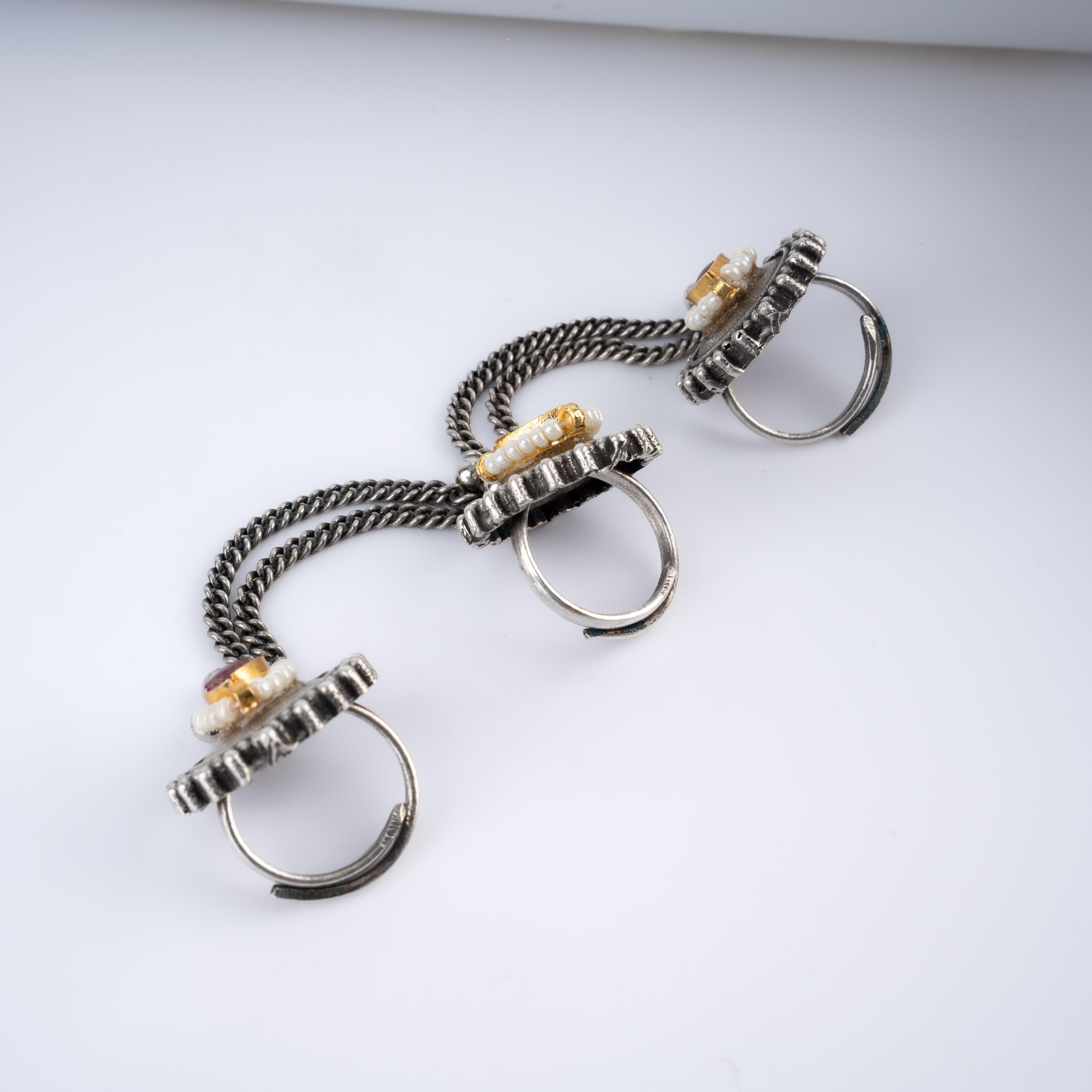 Oxidised Silver Kundan Pearl Three Finger Chain Ring