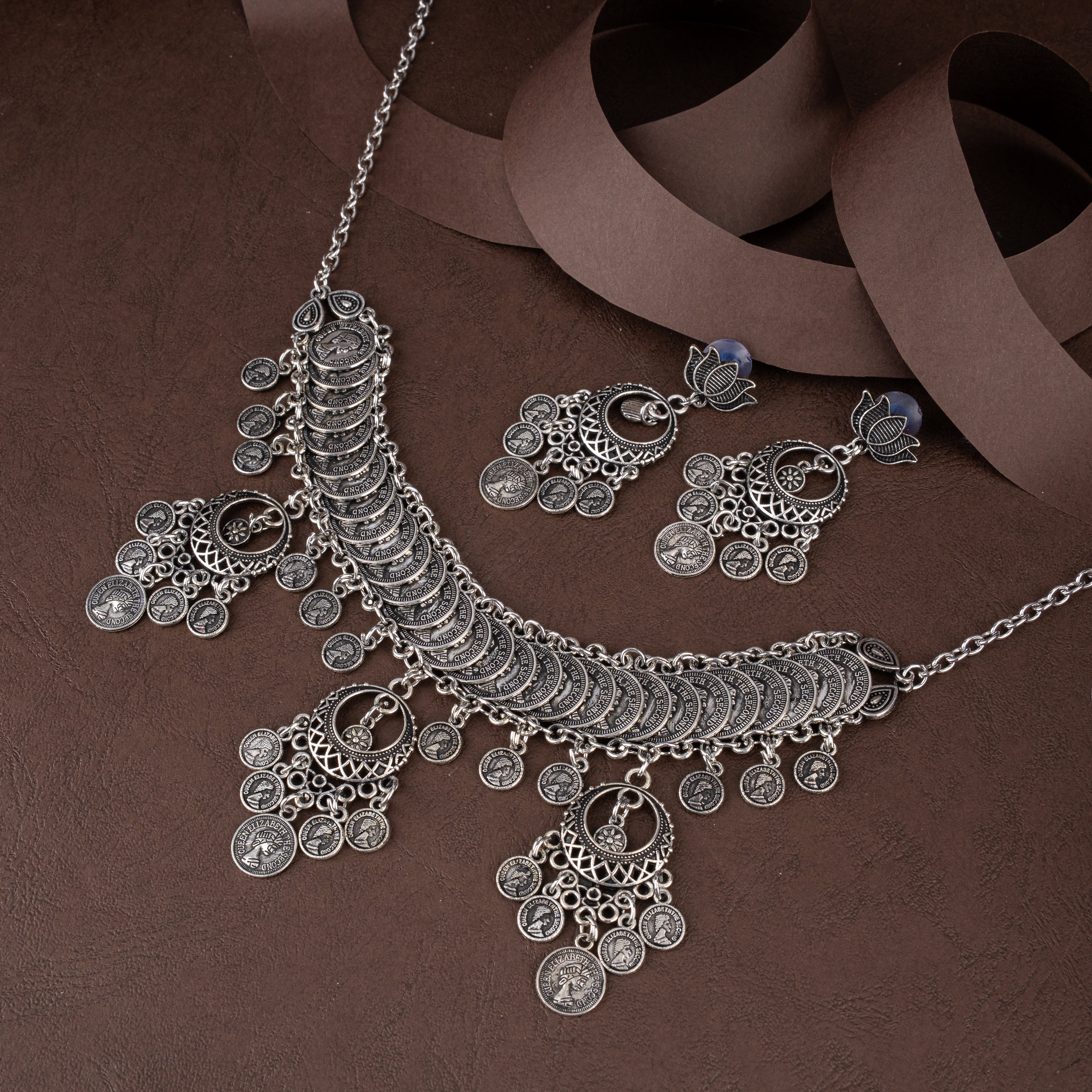 Oxidised Silver Crescent Coin Shingle Collar Necklace Set with Lotus Drops