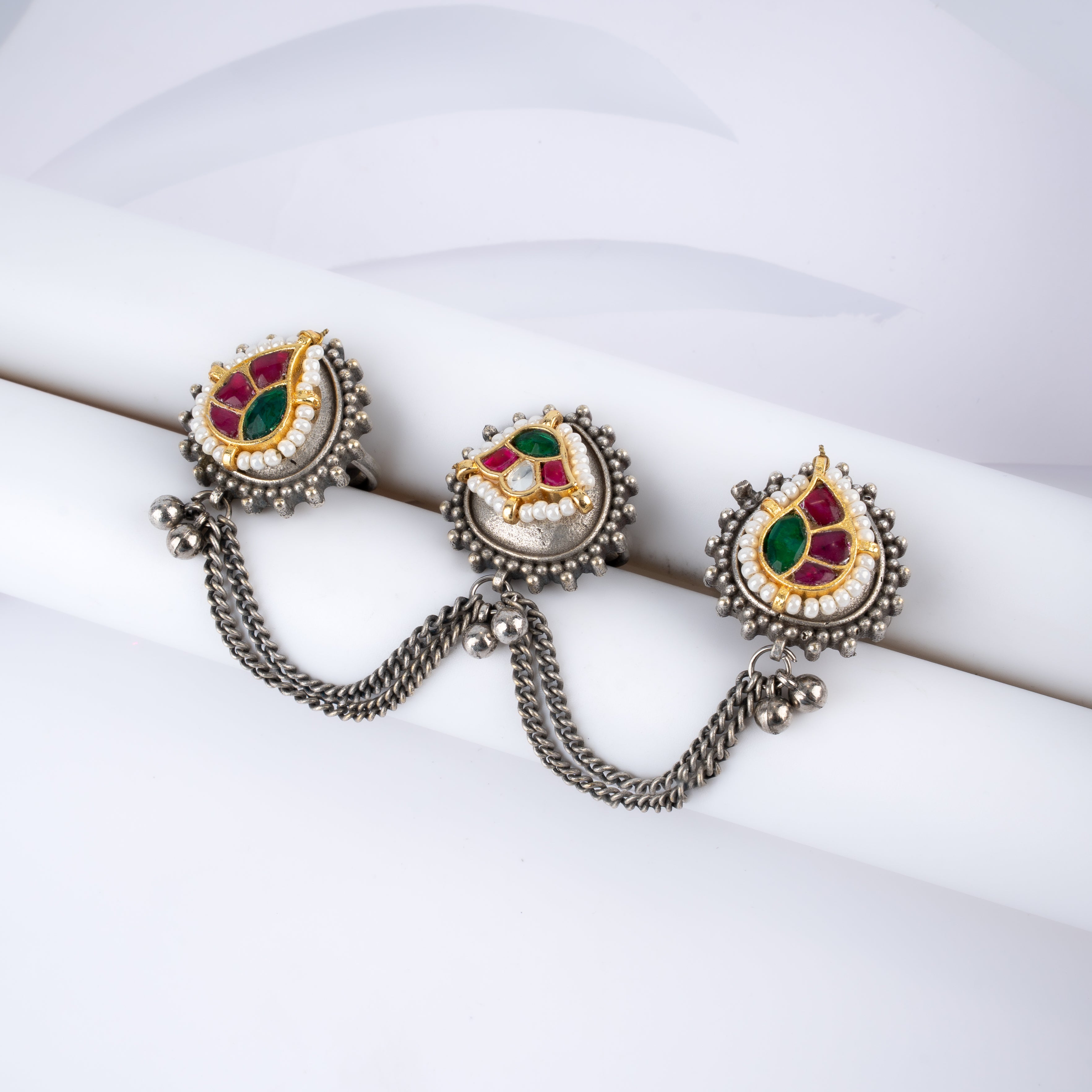Oxidised Silver Paisley Kundan Three Finger Chain Ring