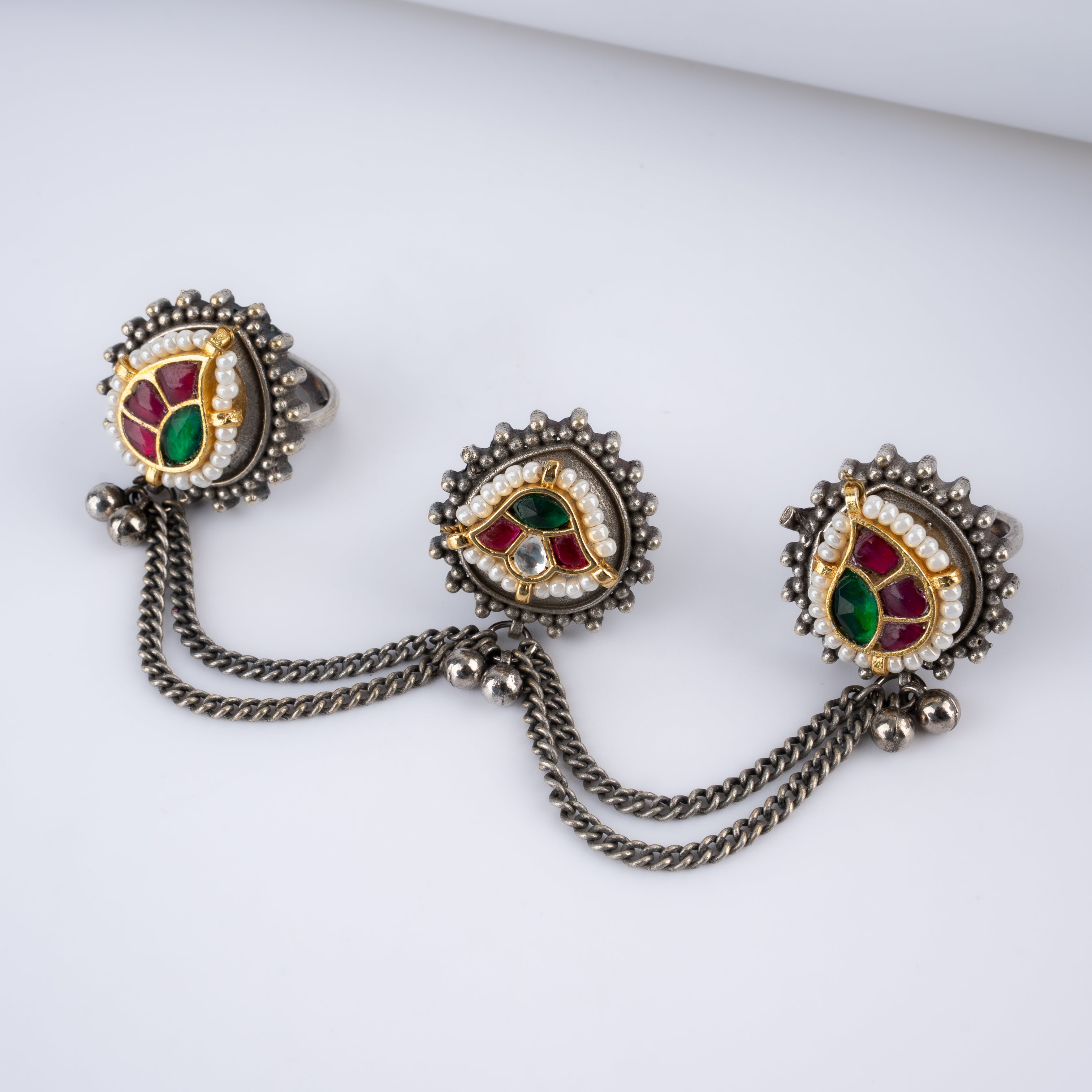 Oxidised Silver Paisley Kundan Three Finger Chain Ring