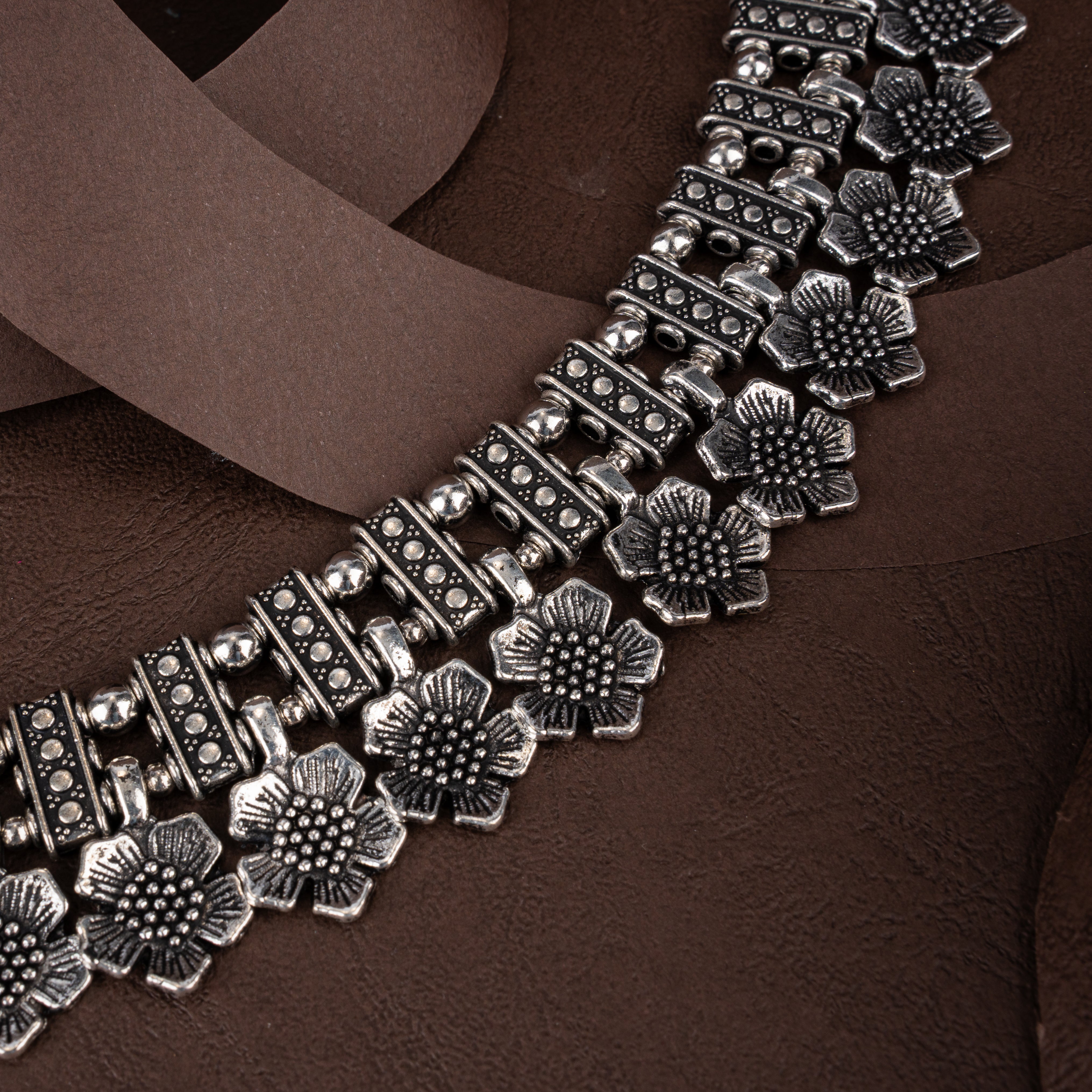 Oxidised Silver Floral Blossom Collar Choker Necklace Set with Drop Earrings