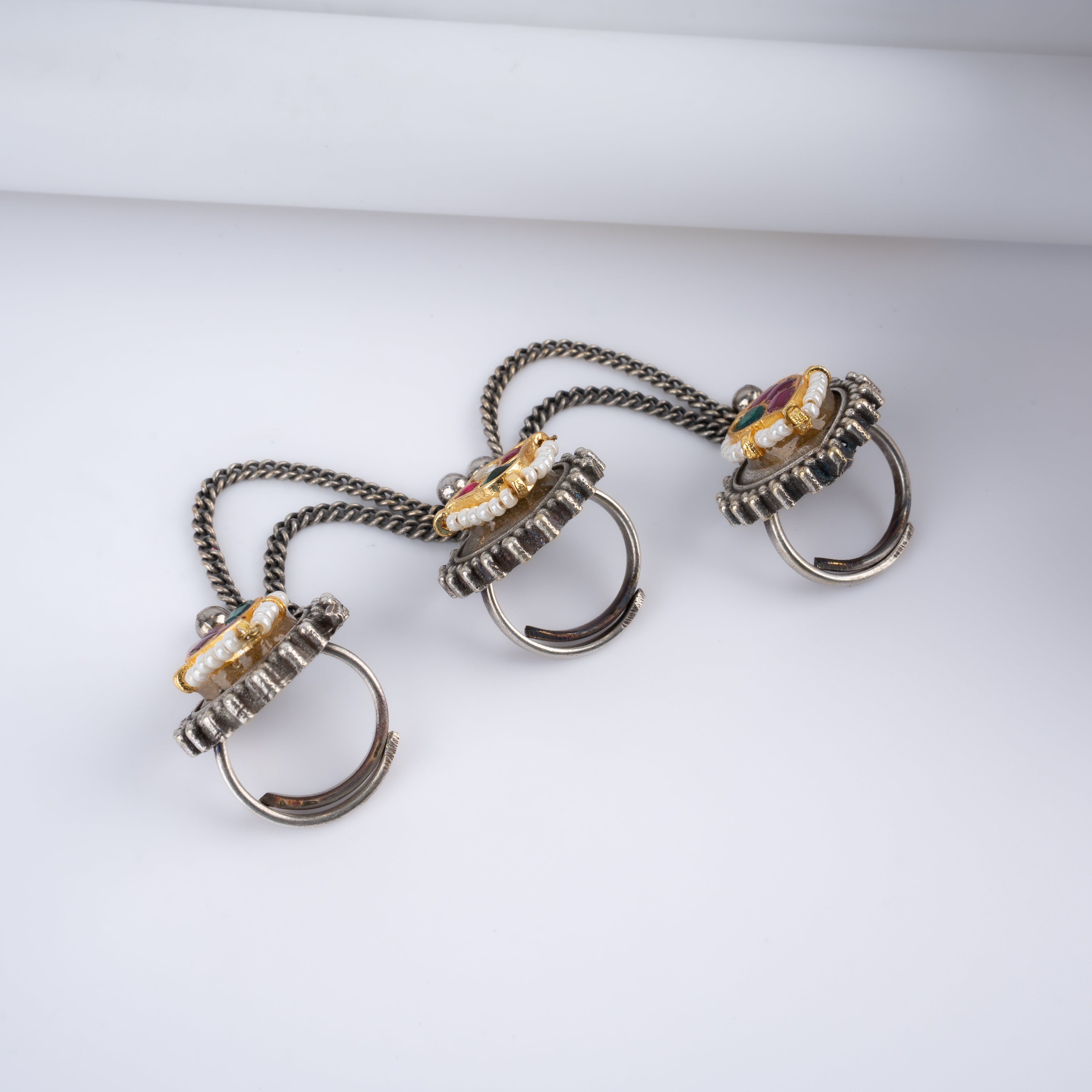 Oxidised Silver Paisley Kundan Three Finger Chain Ring