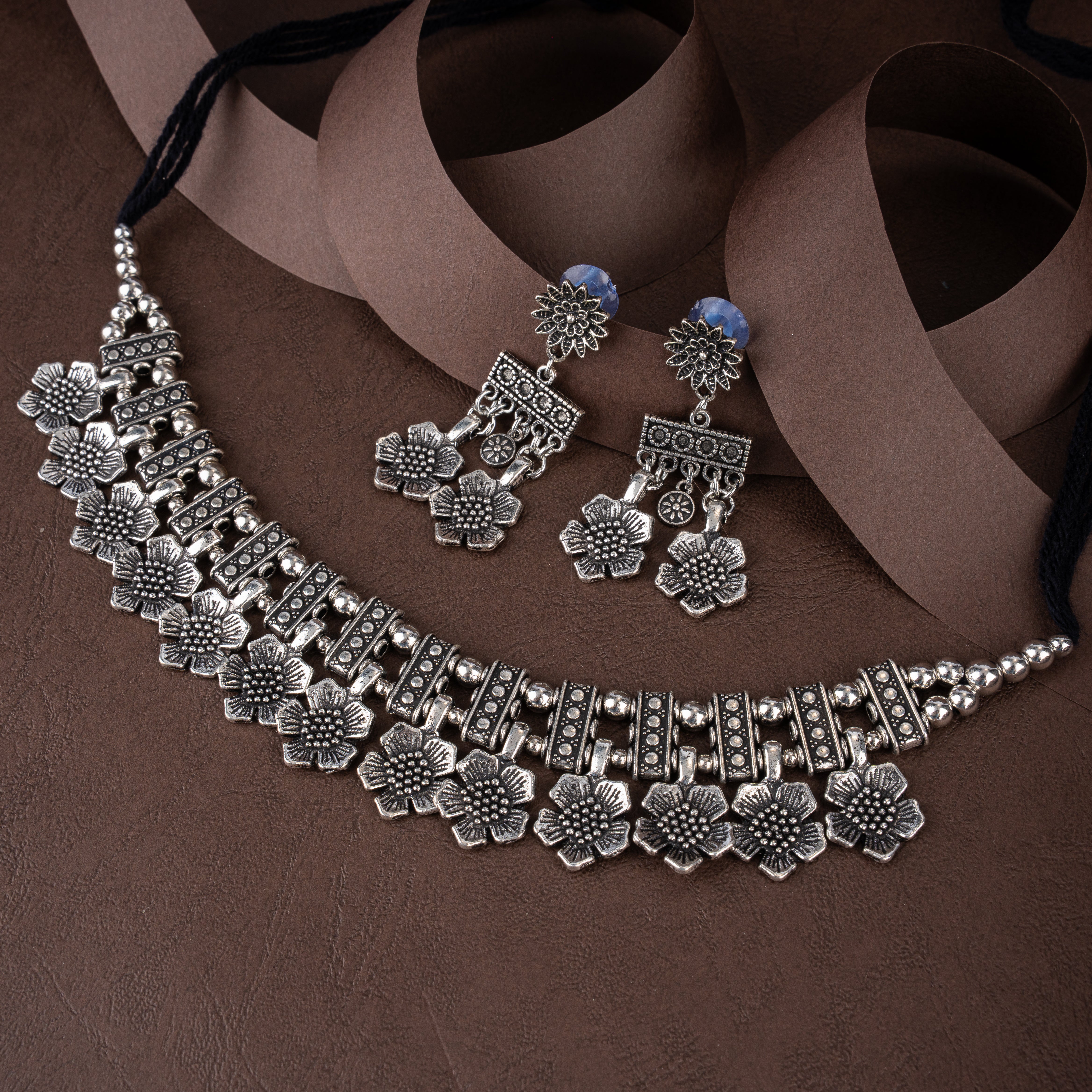 Oxidised Silver Floral Blossom Collar Choker Necklace Set with Drop Earrings