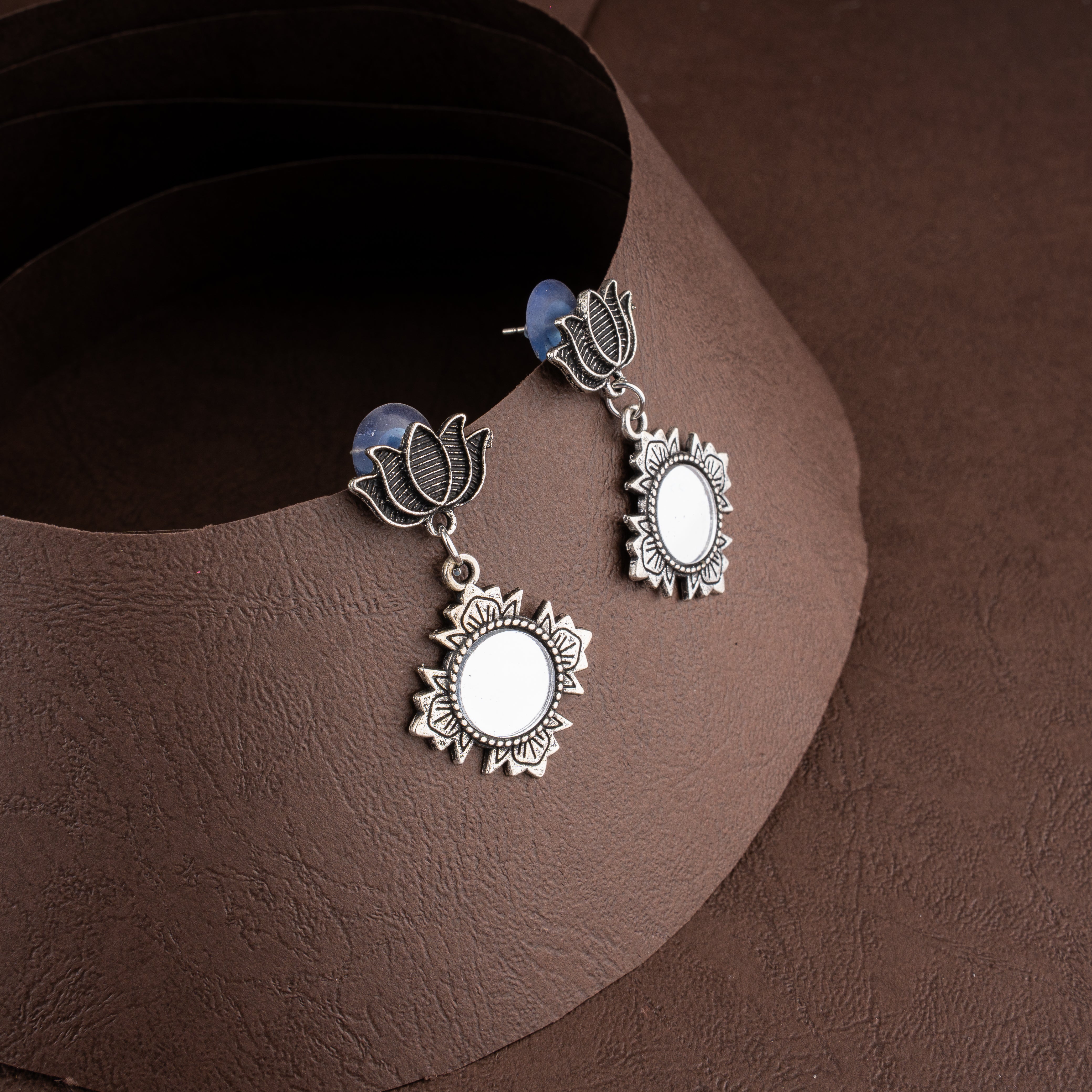 Oxidised Silver Lotus & Mirror Work Floral Collar Necklace Set with Drop Earrings