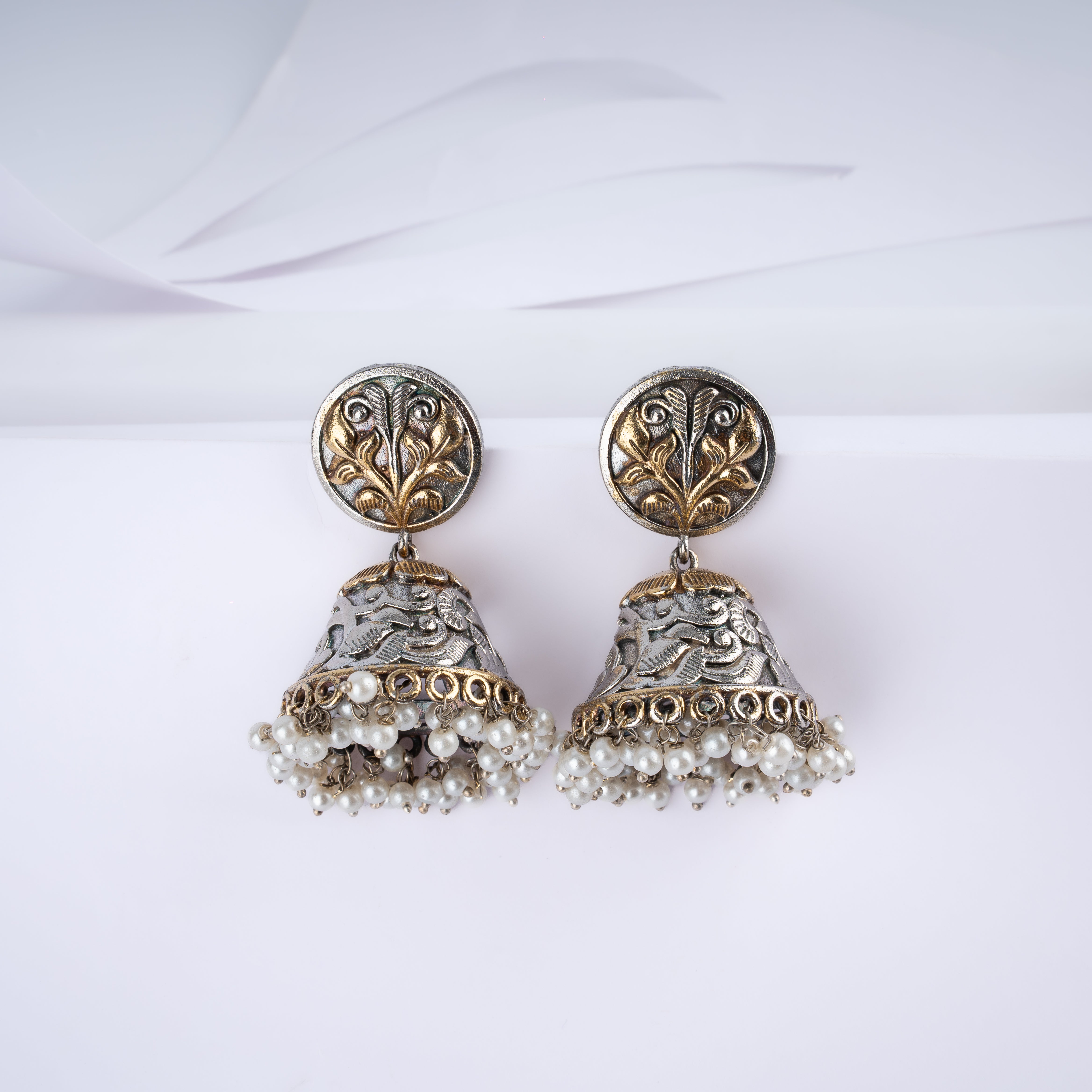 Dual Tone Tree of Life Bell Pearl Jhumka Statement Earrings