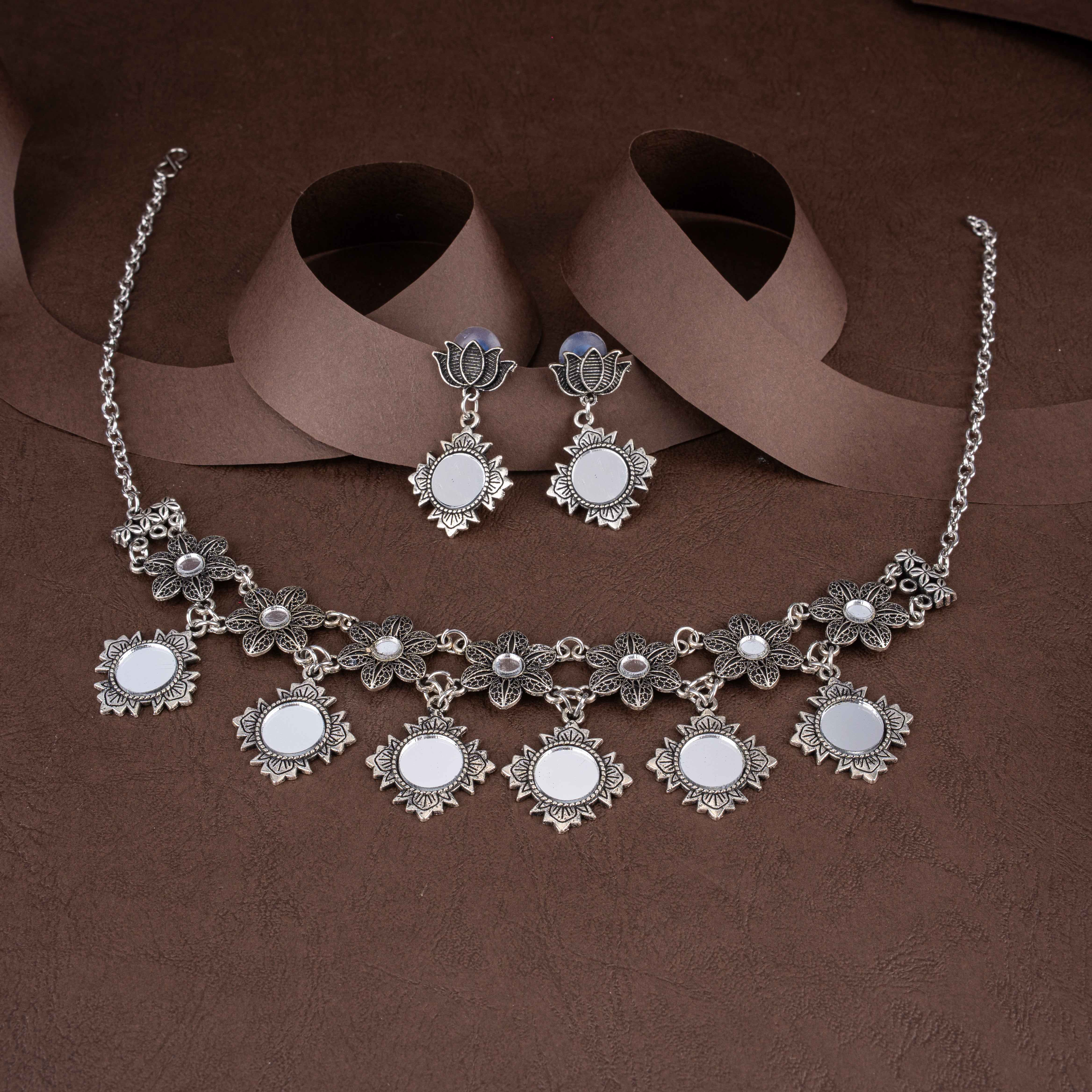 Oxidised Silver Lotus & Mirror Work Floral Collar Necklace Set with Drop Earrings