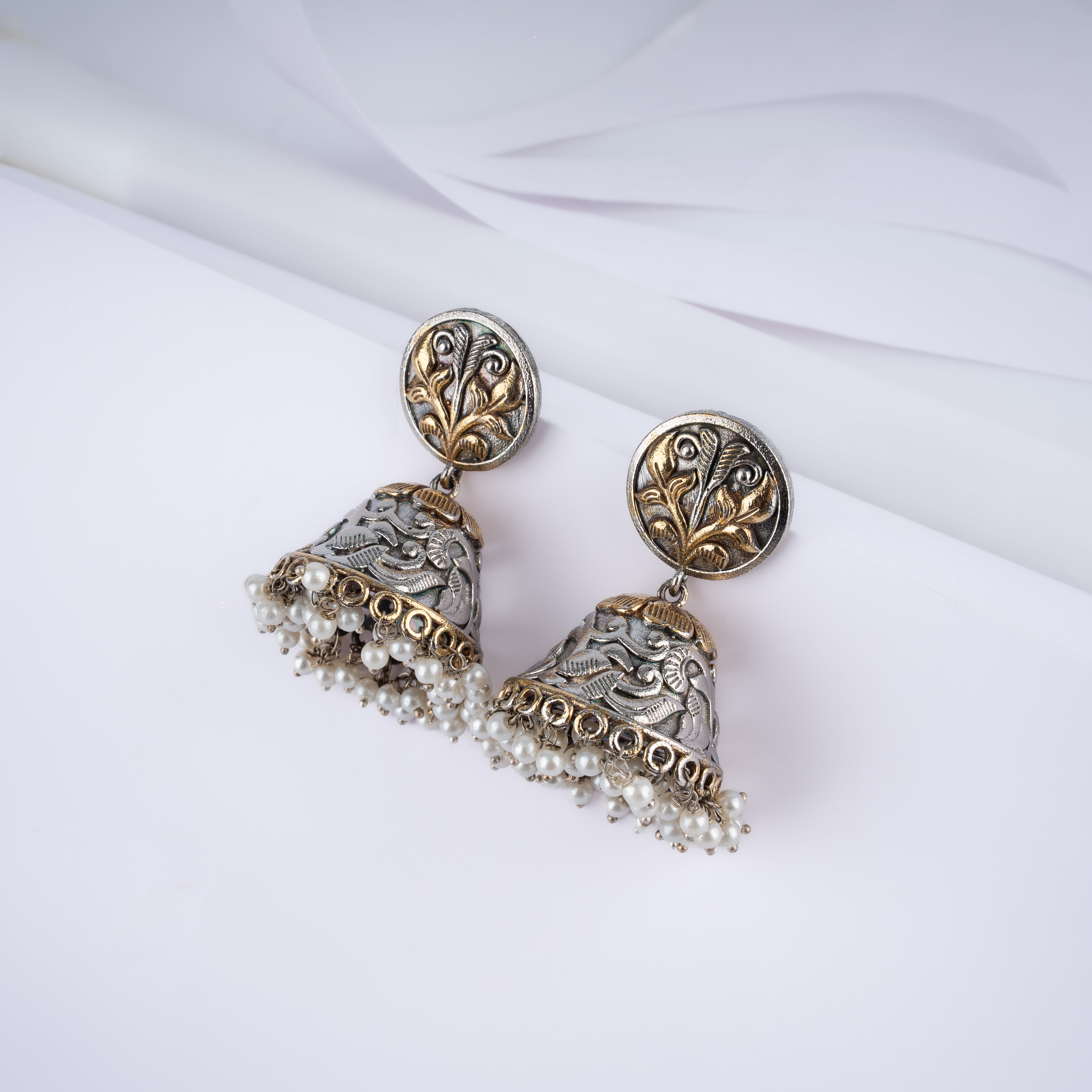 Dual Tone Tree of Life Bell Pearl Jhumka Statement Earrings