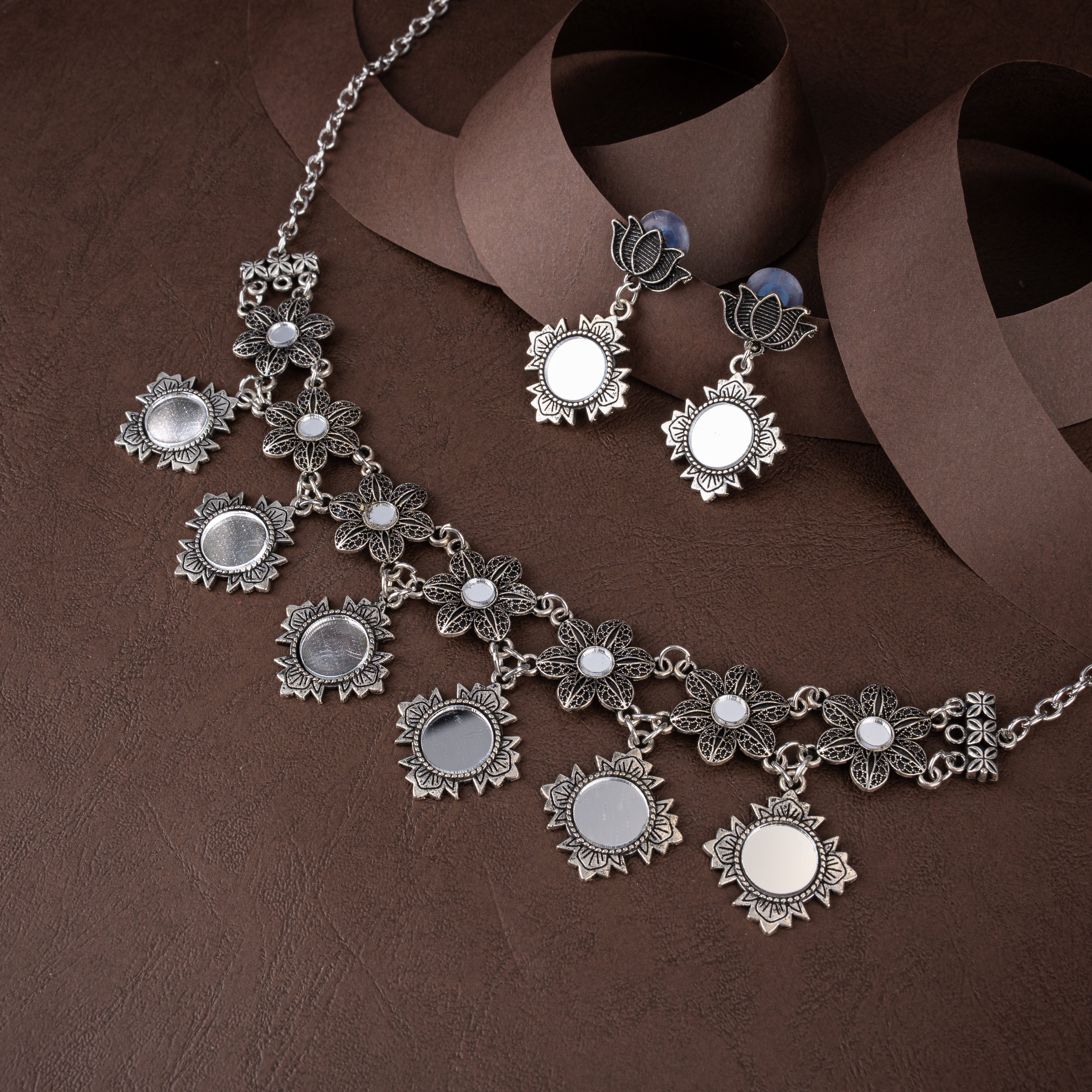 Oxidised Silver Lotus & Mirror Work Floral Collar Necklace Set with Drop Earrings