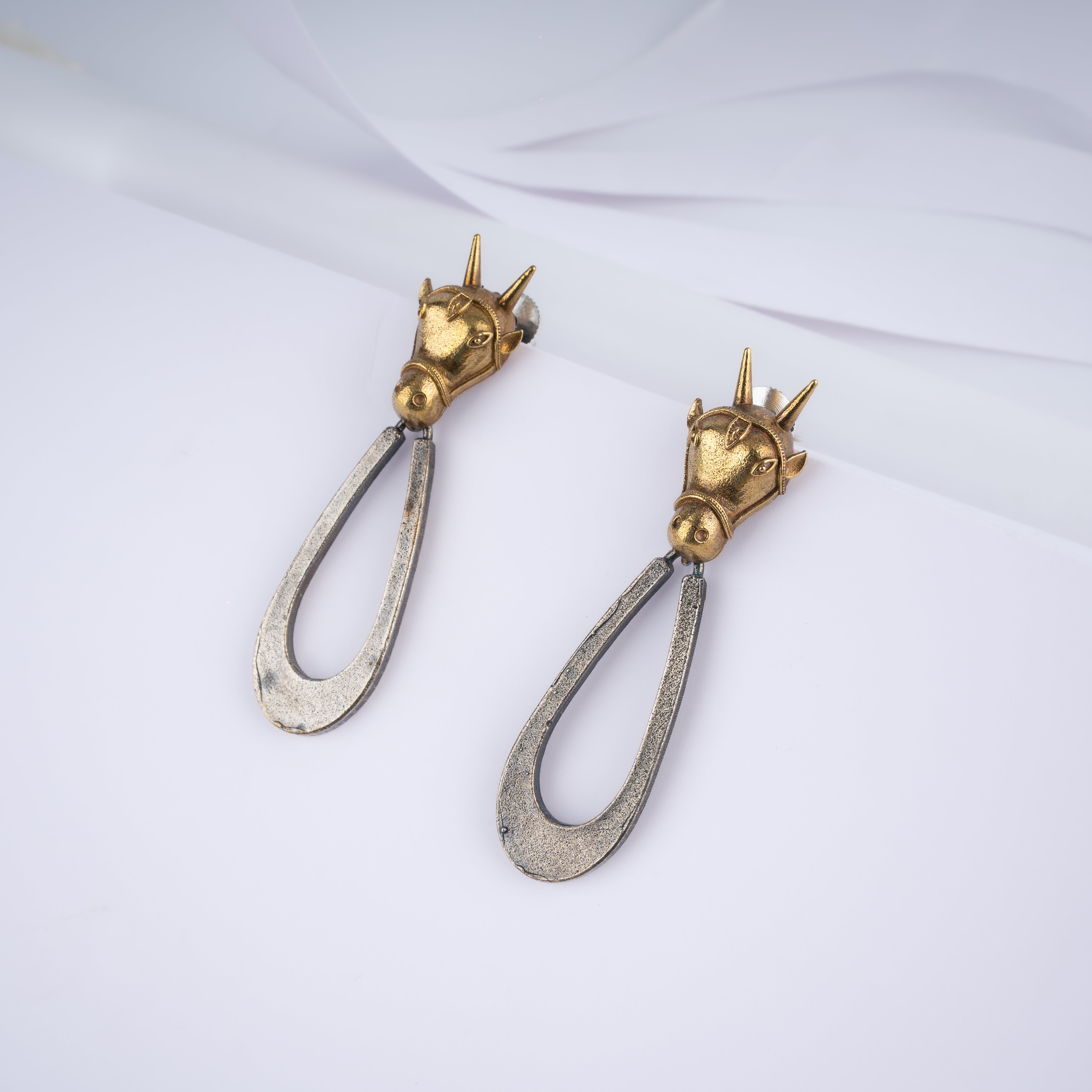 Dual Tone War Horse Equestrian Open Teardrop Statement Drop Earrings