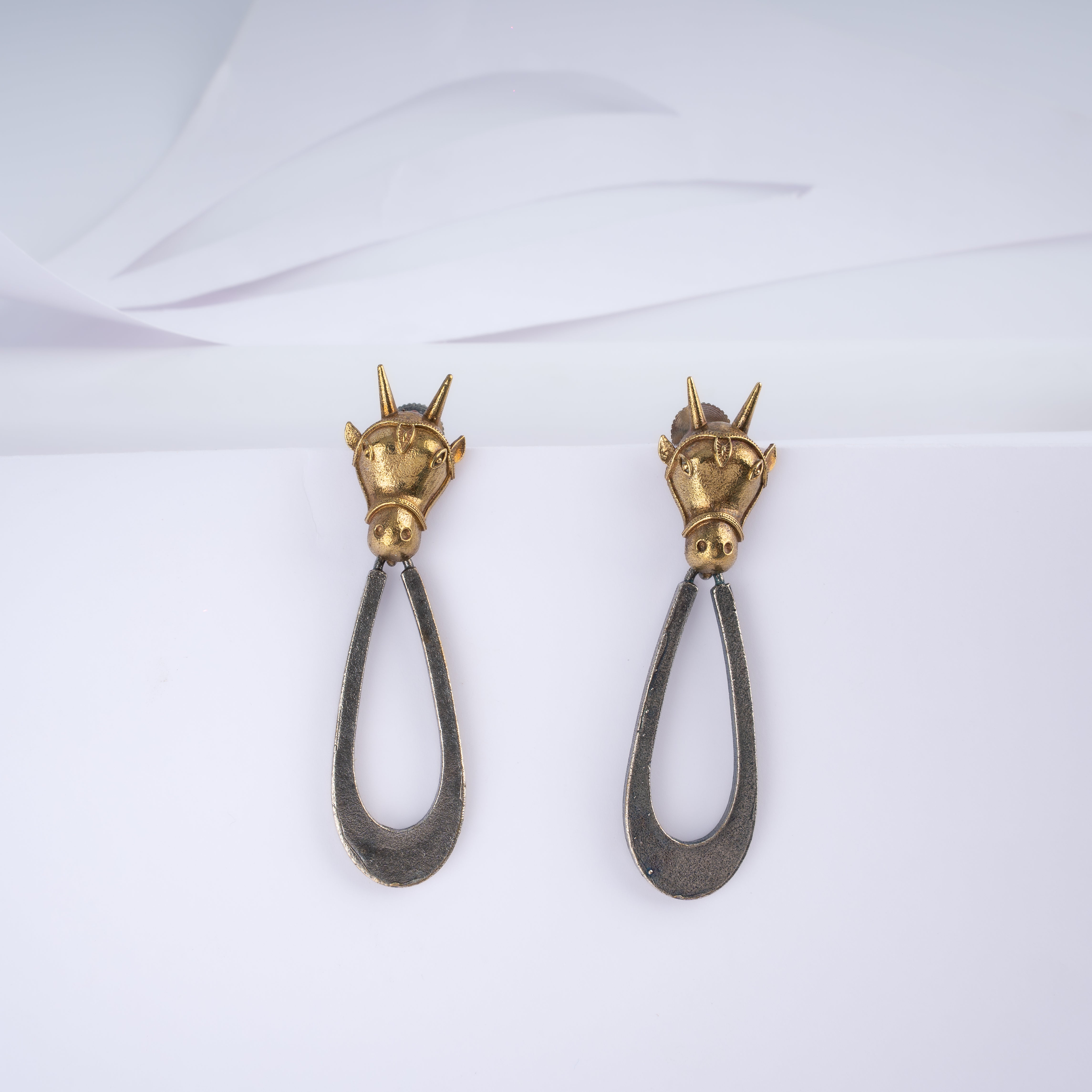 Dual Tone War Horse Equestrian Open Teardrop Statement Drop Earrings