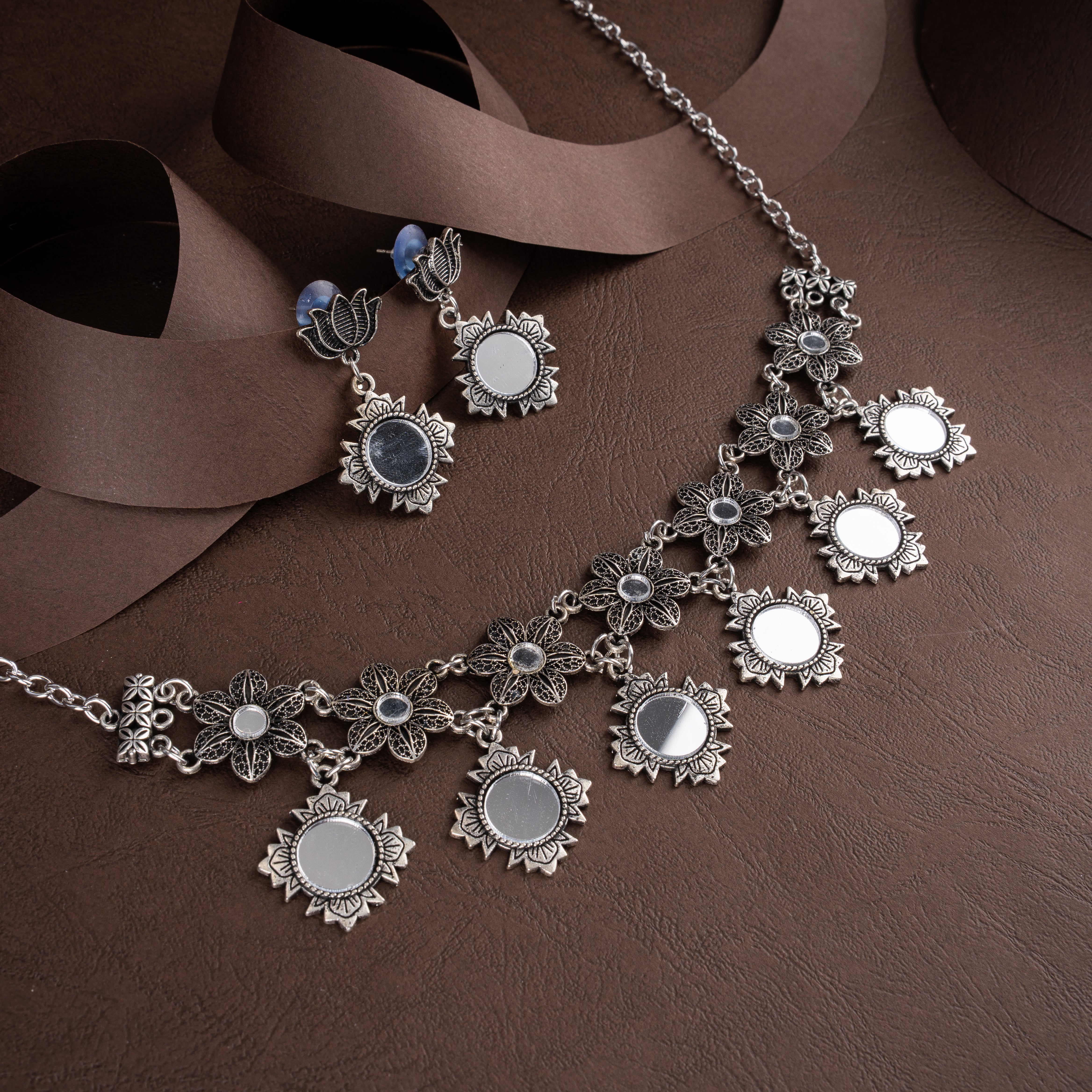Oxidised Silver Lotus & Mirror Work Floral Collar Necklace Set with Drop Earrings