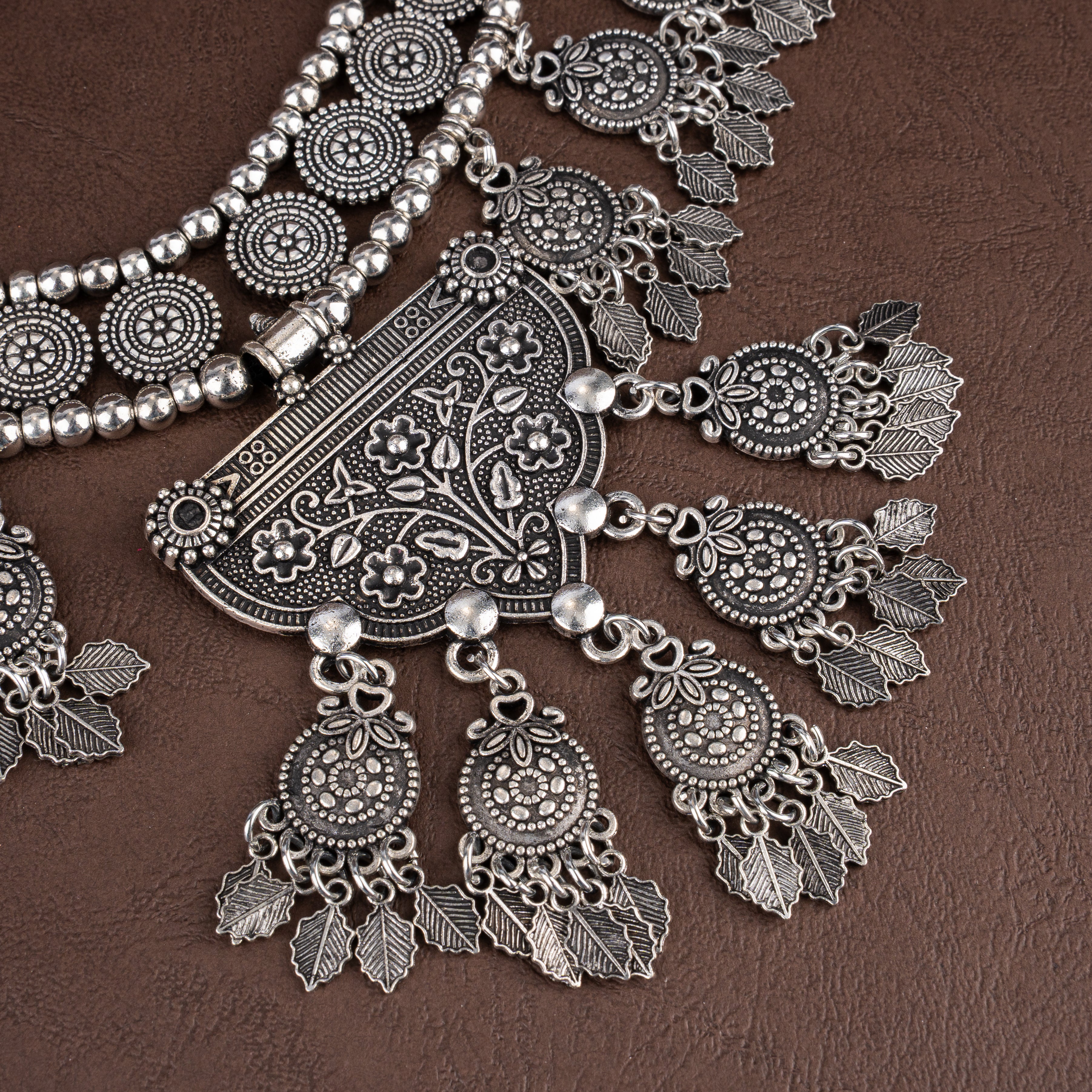 Oxidised Silver Botanical Filigree Choker Necklace Set with Leaf Charm Tassels