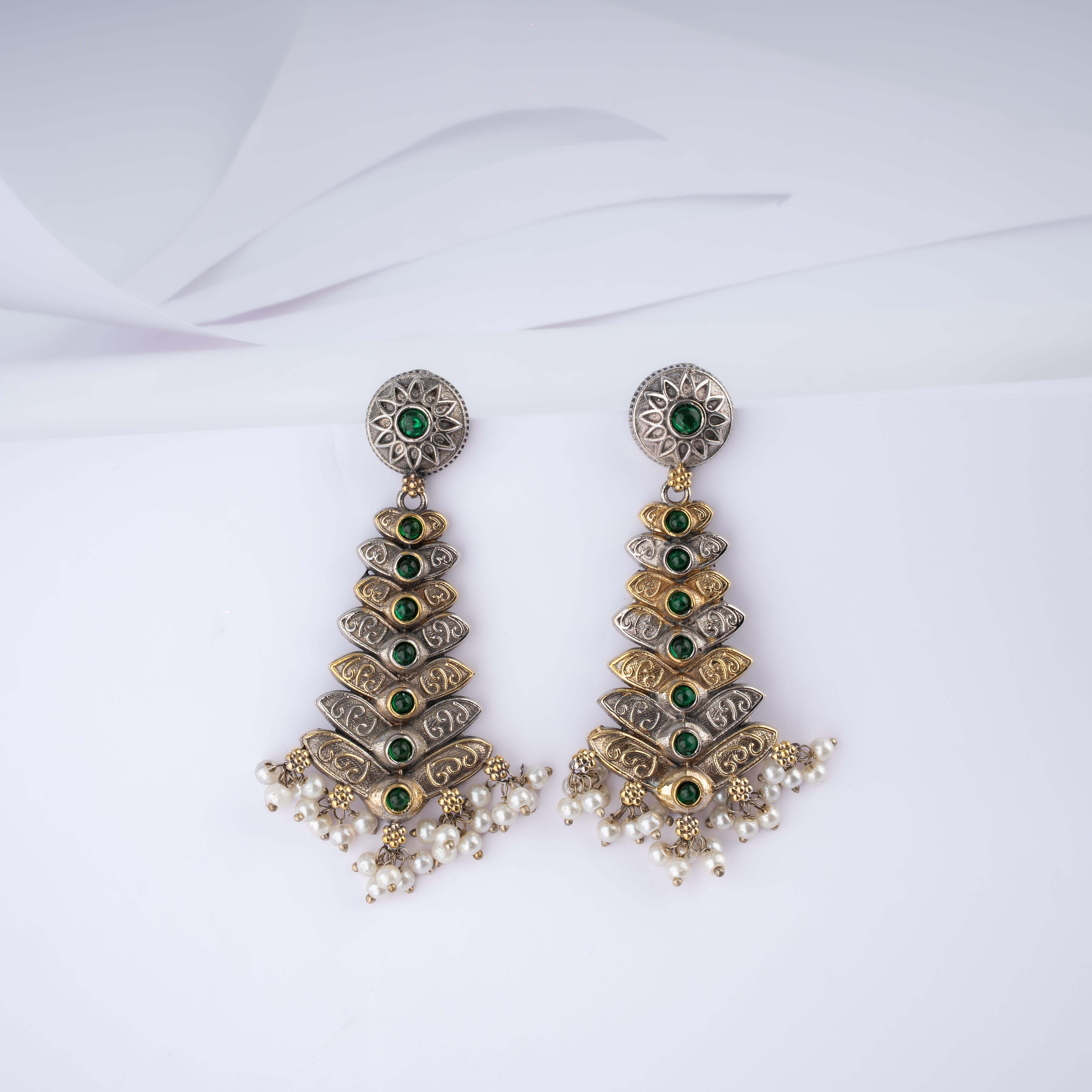 Dual Tone Tiered Chevron Shield Stone Pearl Statement Drop Earrings