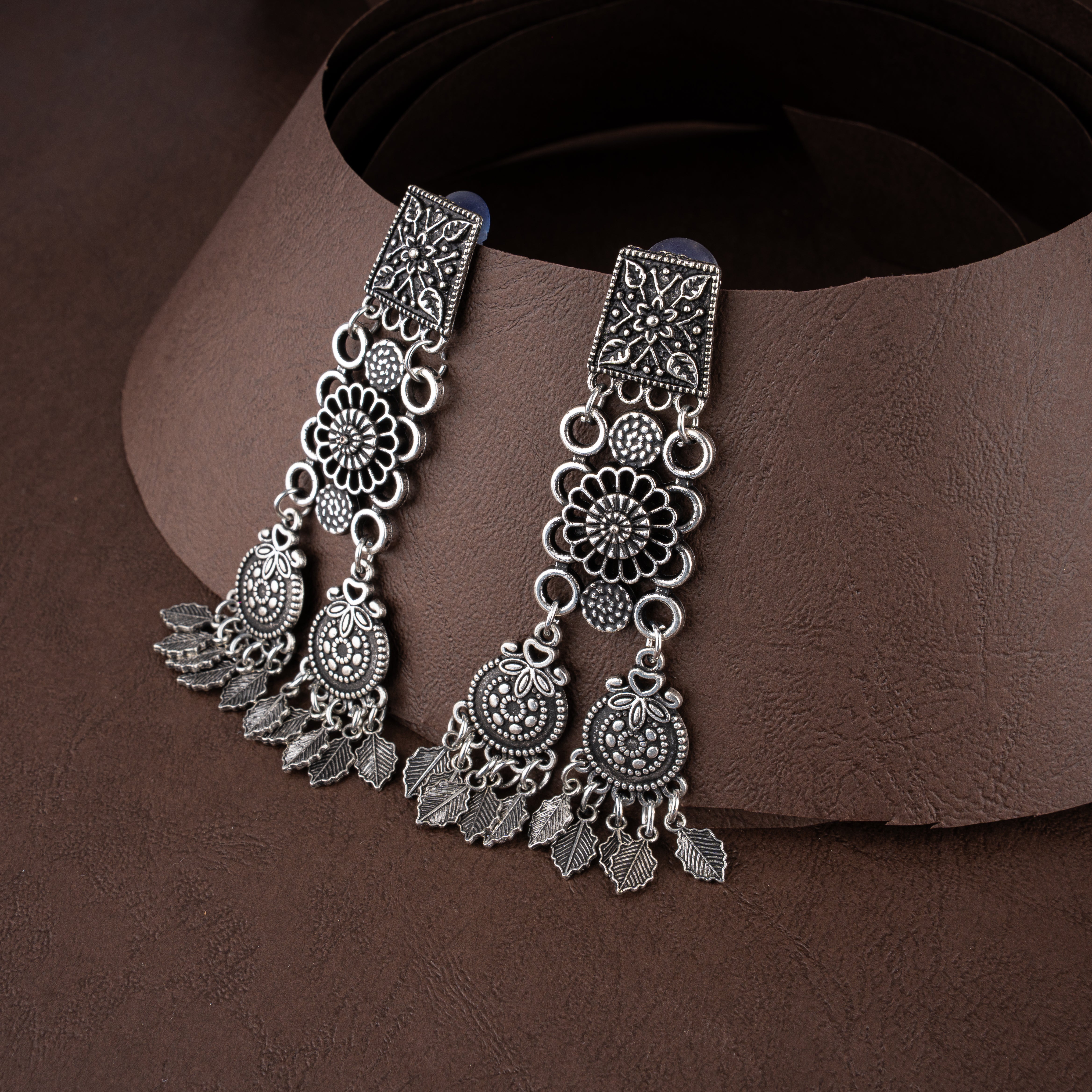 Oxidised Silver Botanical Filigree Choker Necklace Set with Leaf Charm Tassels