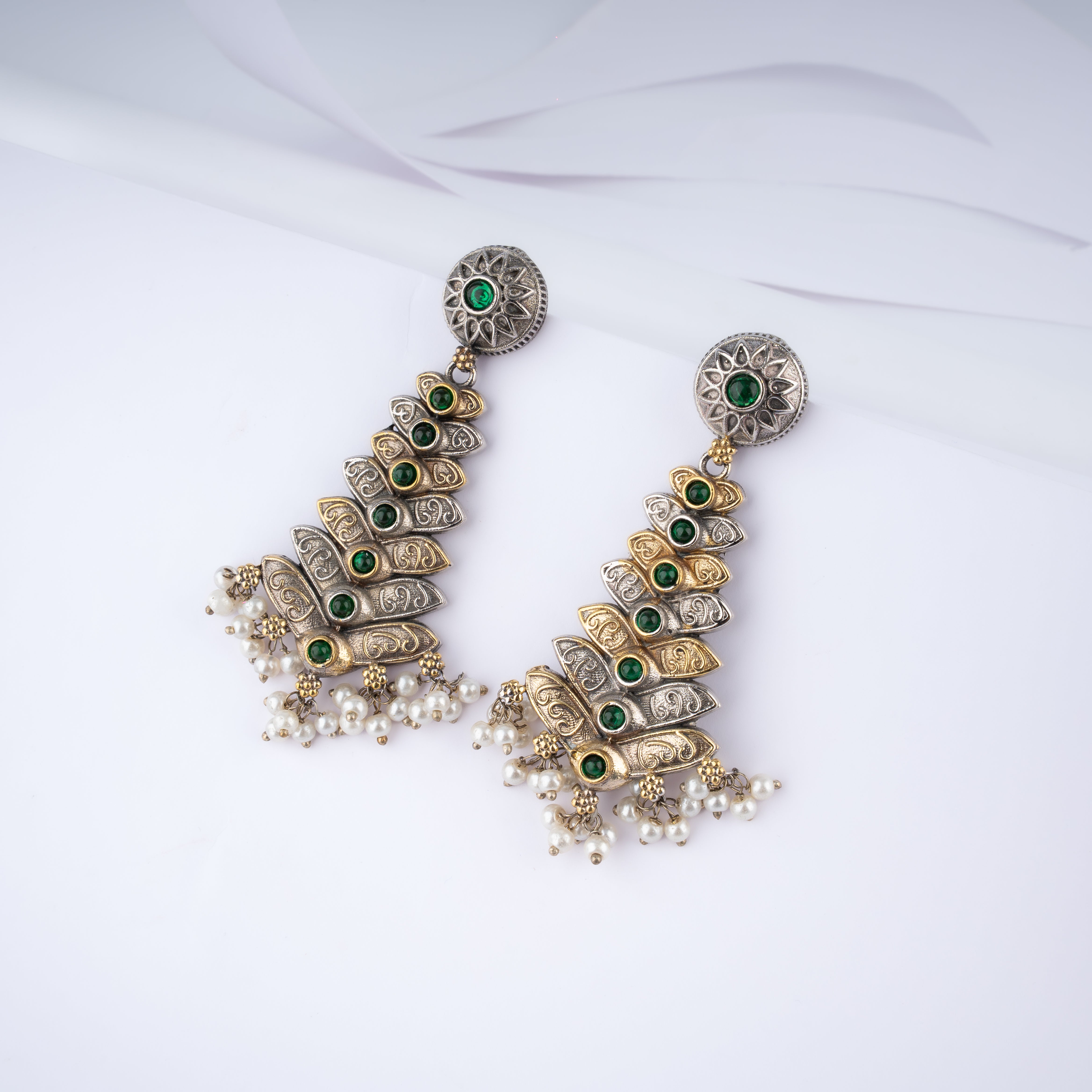 Dual Tone Tiered Chevron Shield Stone Pearl Statement Drop Earrings