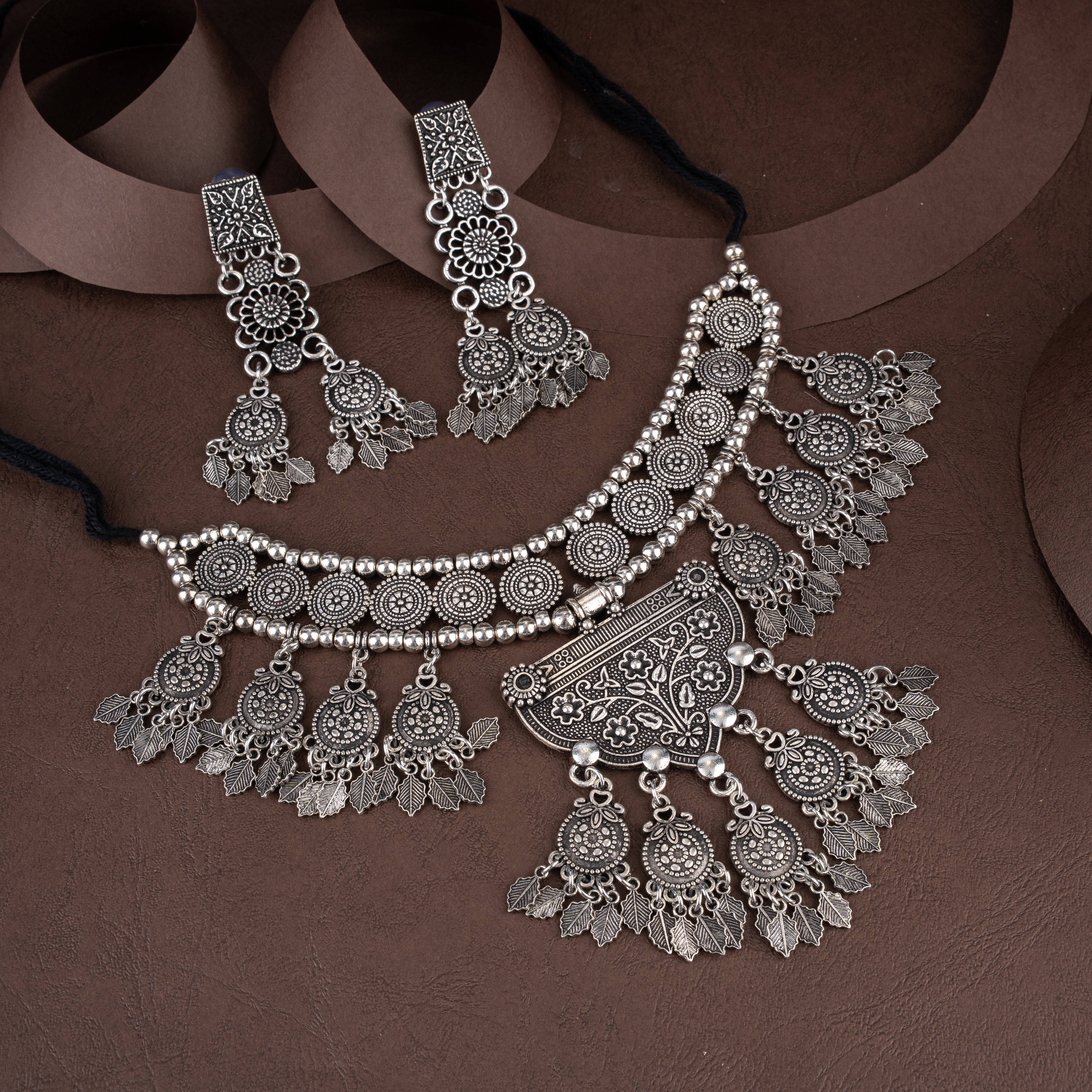 Oxidised Silver Botanical Filigree Choker Necklace Set with Leaf Charm Tassels