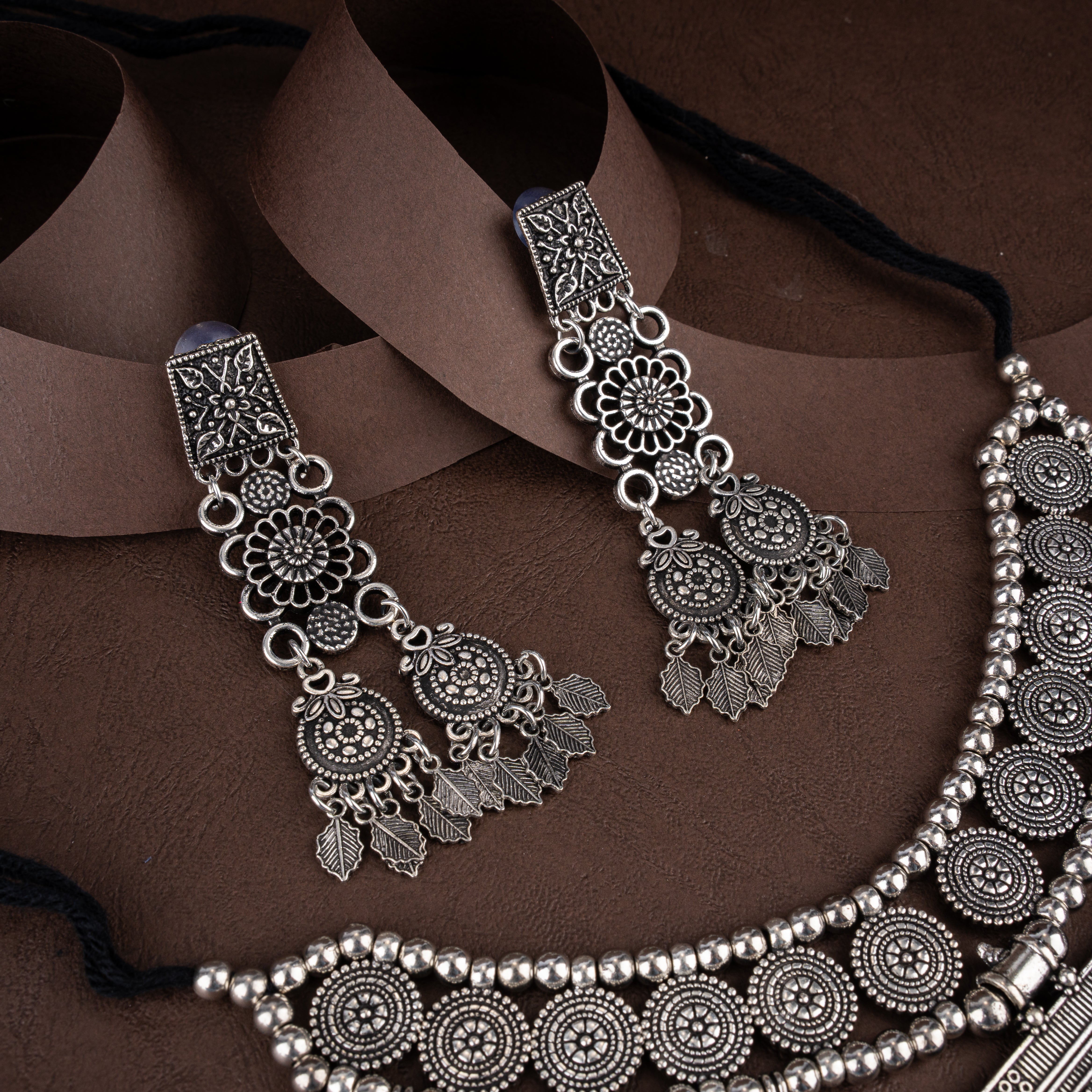 Oxidised Silver Botanical Filigree Choker Necklace Set with Leaf Charm Tassels
