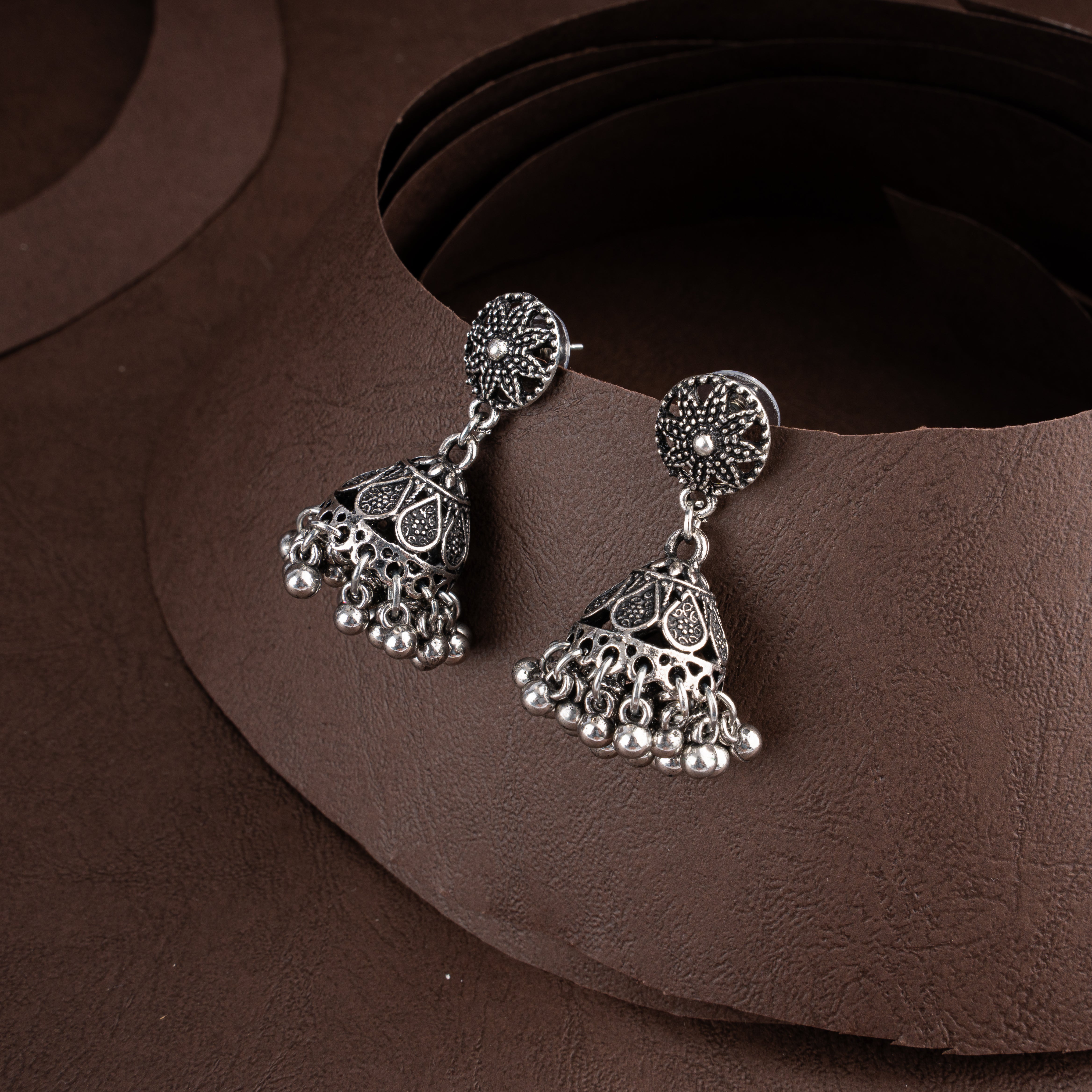 Oxidised Silver Geometric Filigree Band Choker Necklace Set with Bell Jhumkis