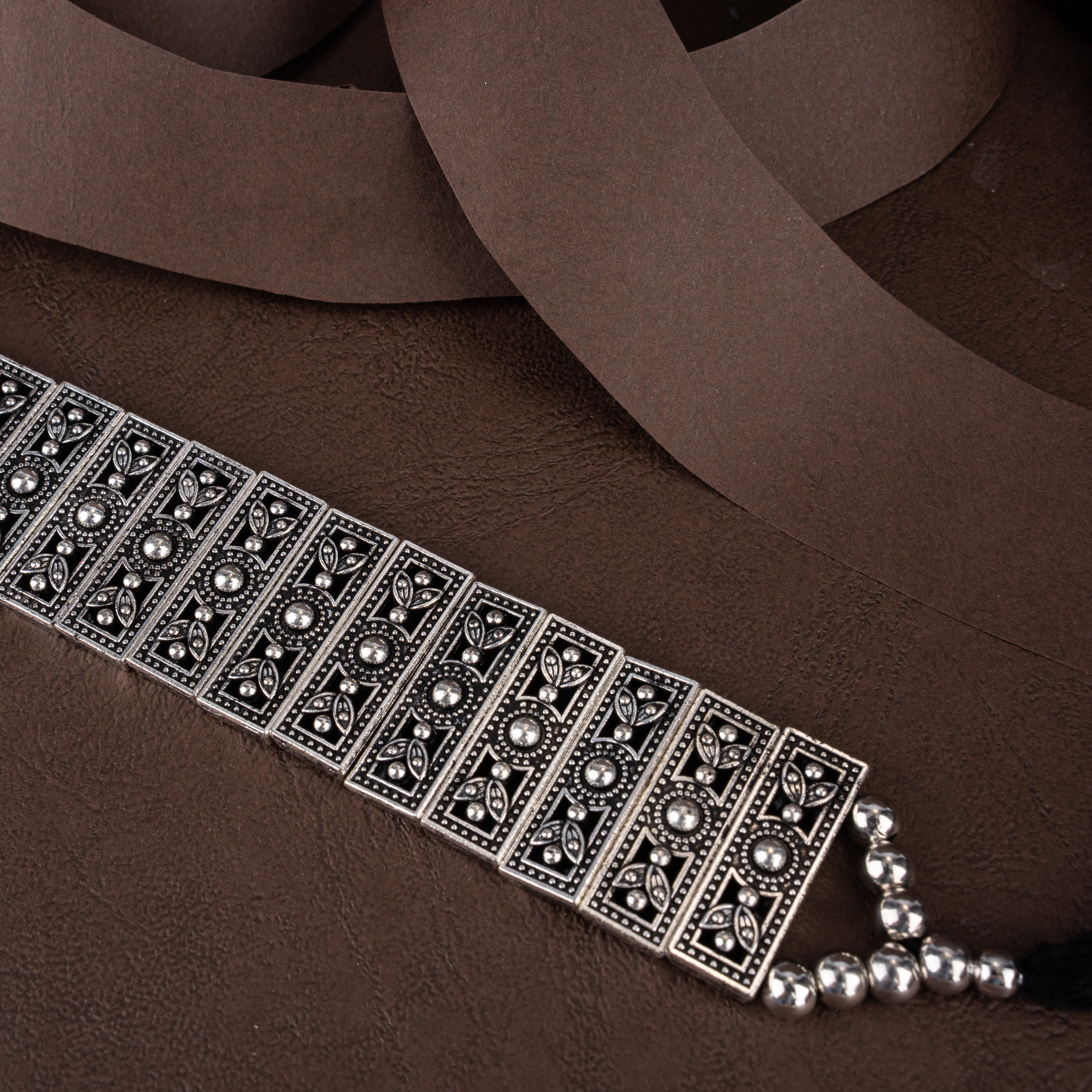 Oxidised Silver Geometric Filigree Band Choker Necklace Set with Bell Jhumkis