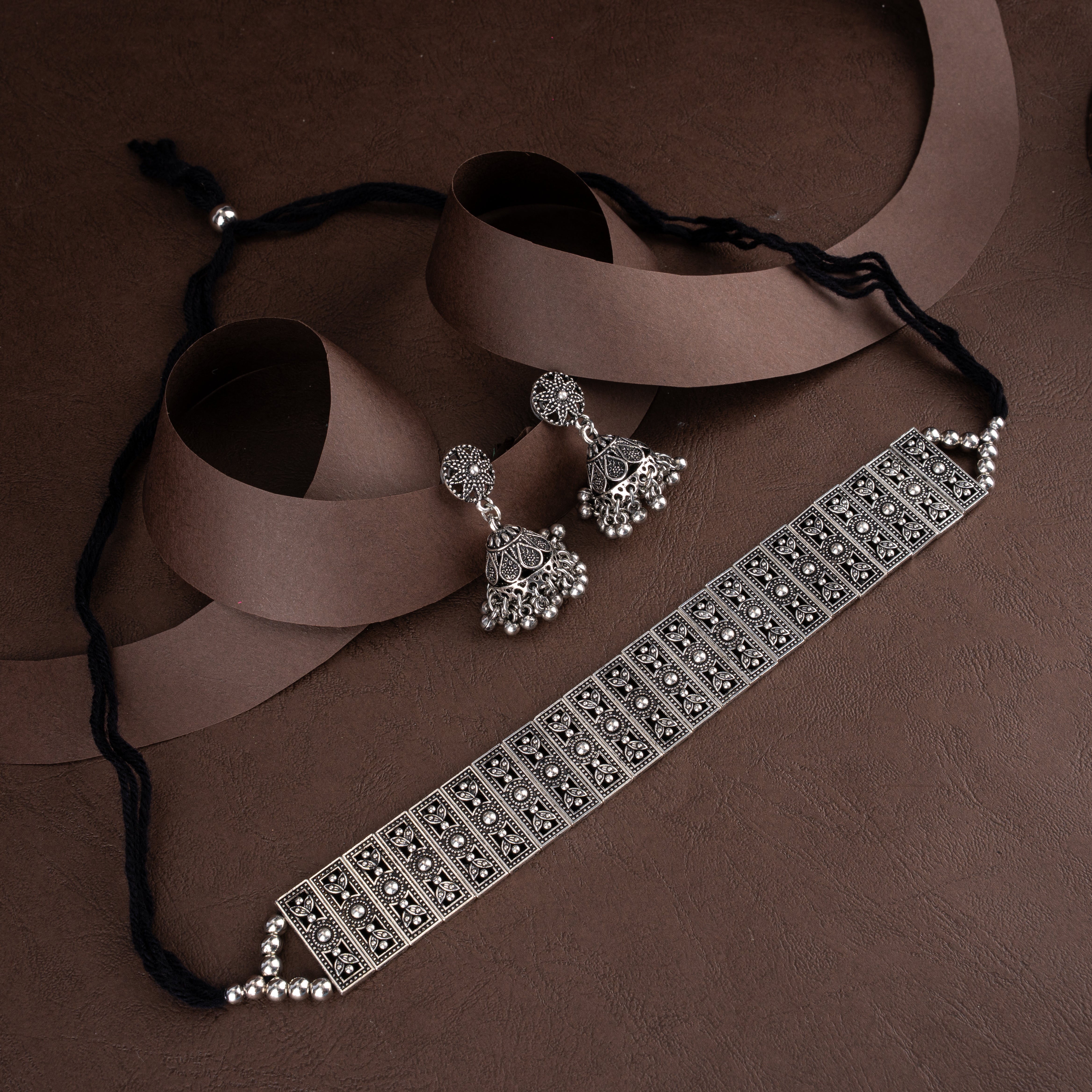 Oxidised Silver Geometric Filigree Band Choker Necklace Set with Bell Jhumkis