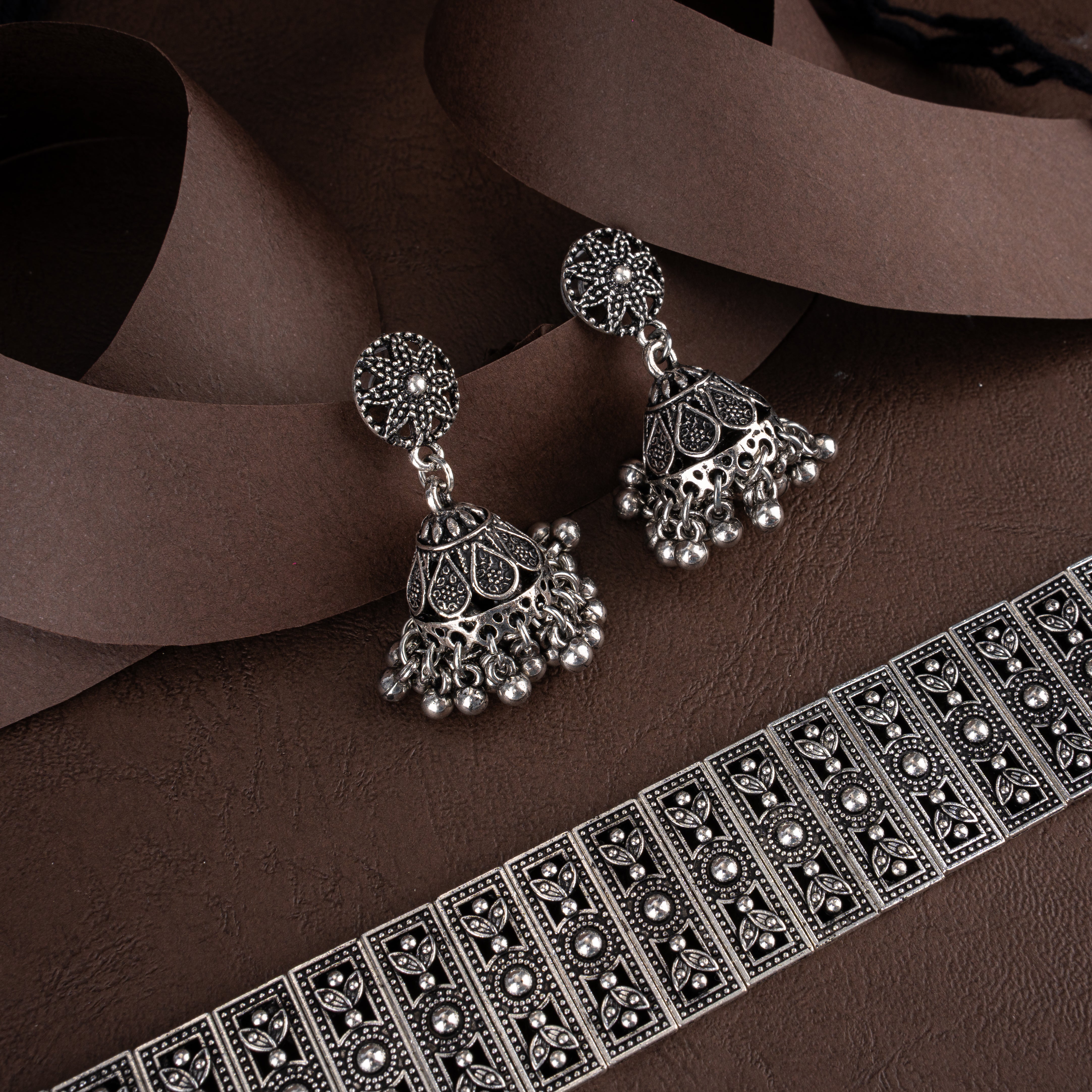 Oxidised Silver Geometric Filigree Band Choker Necklace Set with Bell Jhumkis