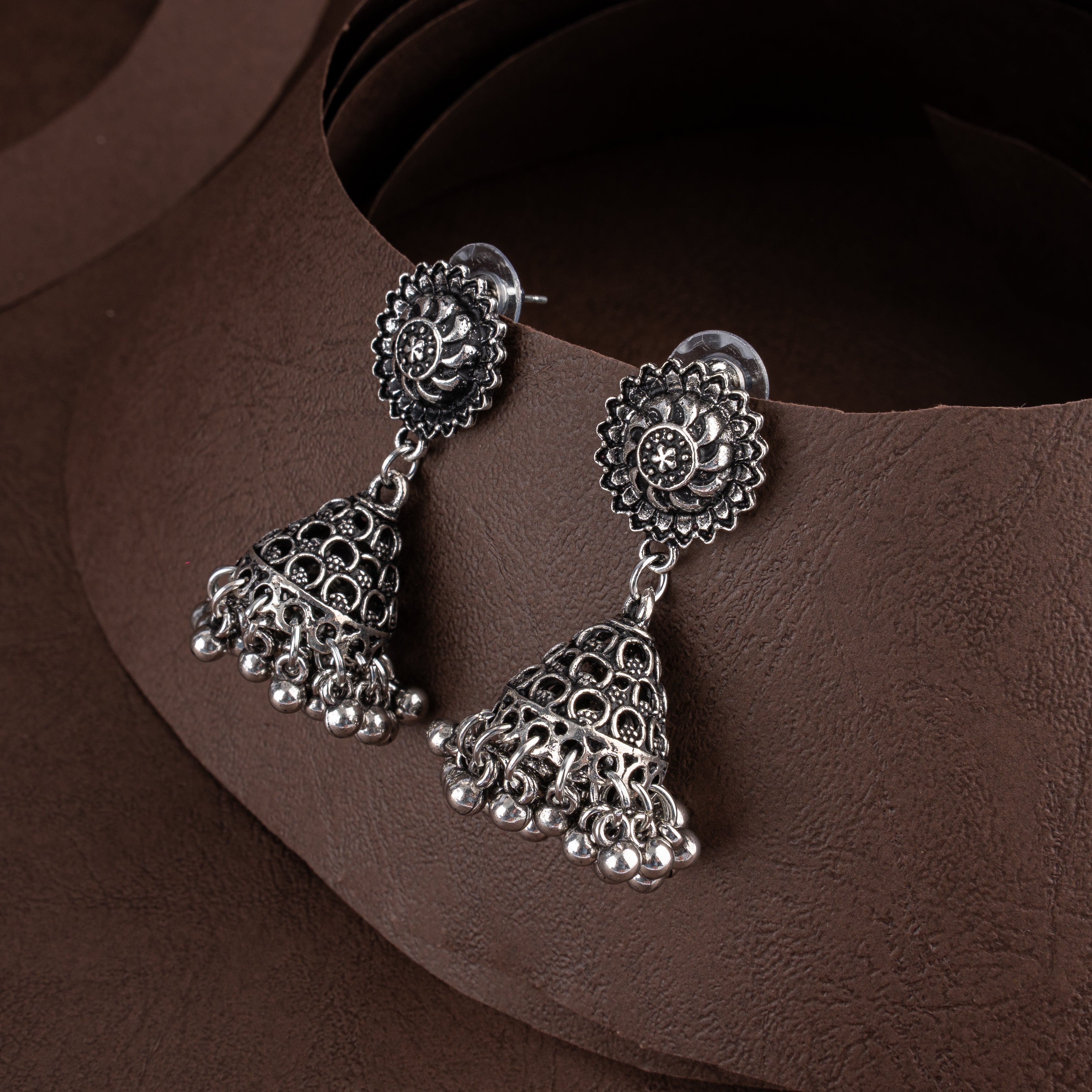 Oxidised Silver Filigree Plaque Collar Choker Necklace Set with Crescent Drops and Bell Jhumkis