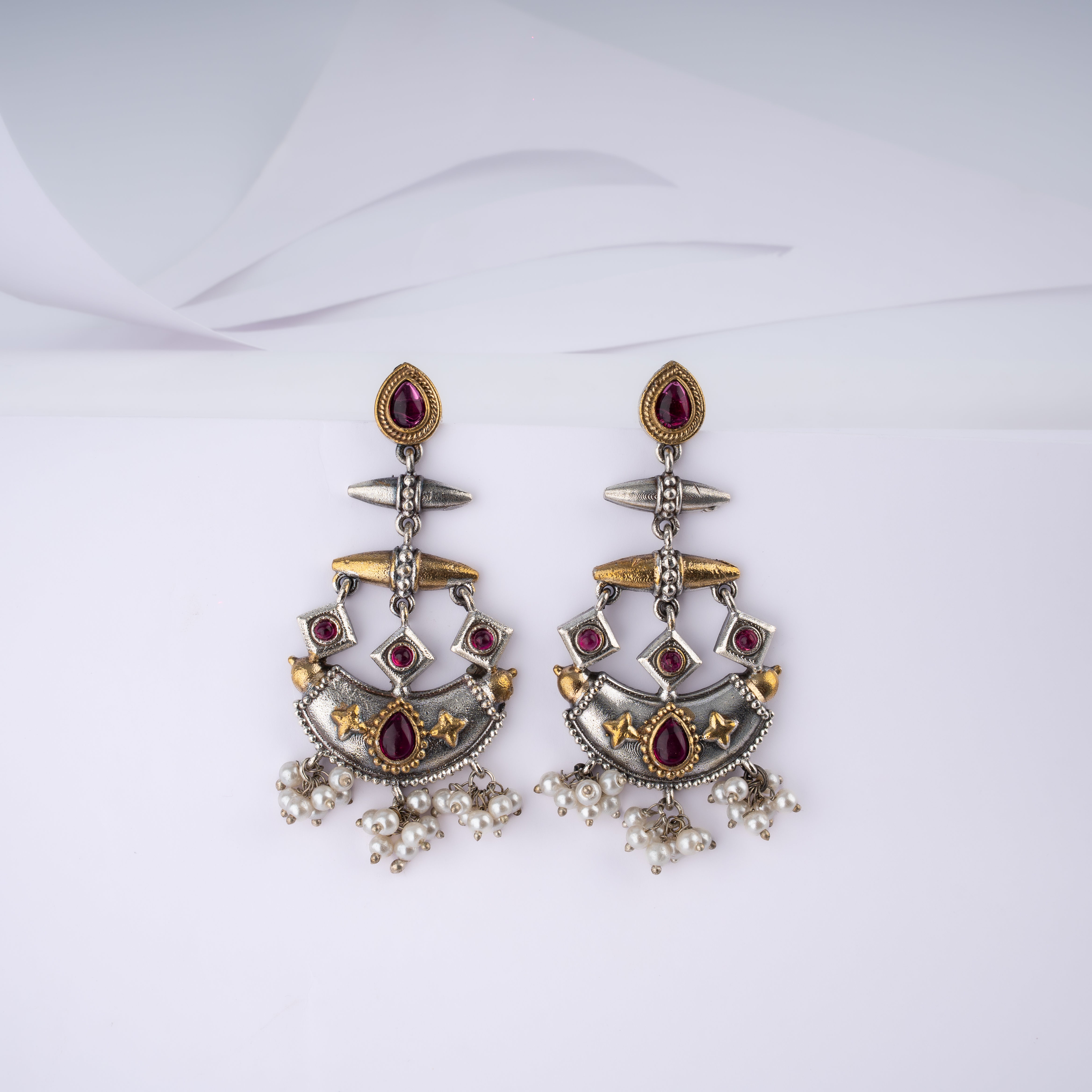 Dual Tone Geometric Crescent Stone Pearl Statement Drop Earrings