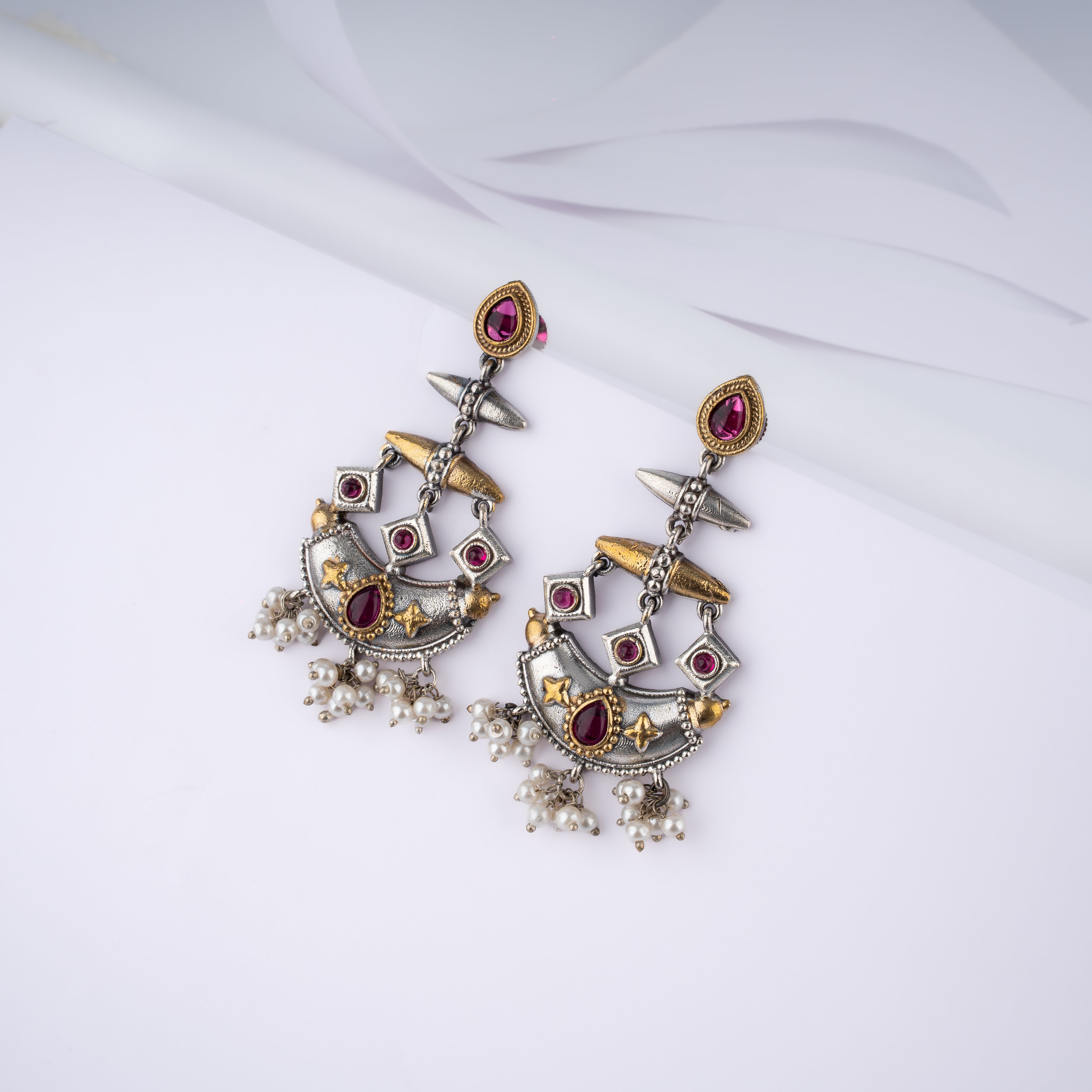 Dual Tone Geometric Crescent Stone Pearl Statement Drop Earrings