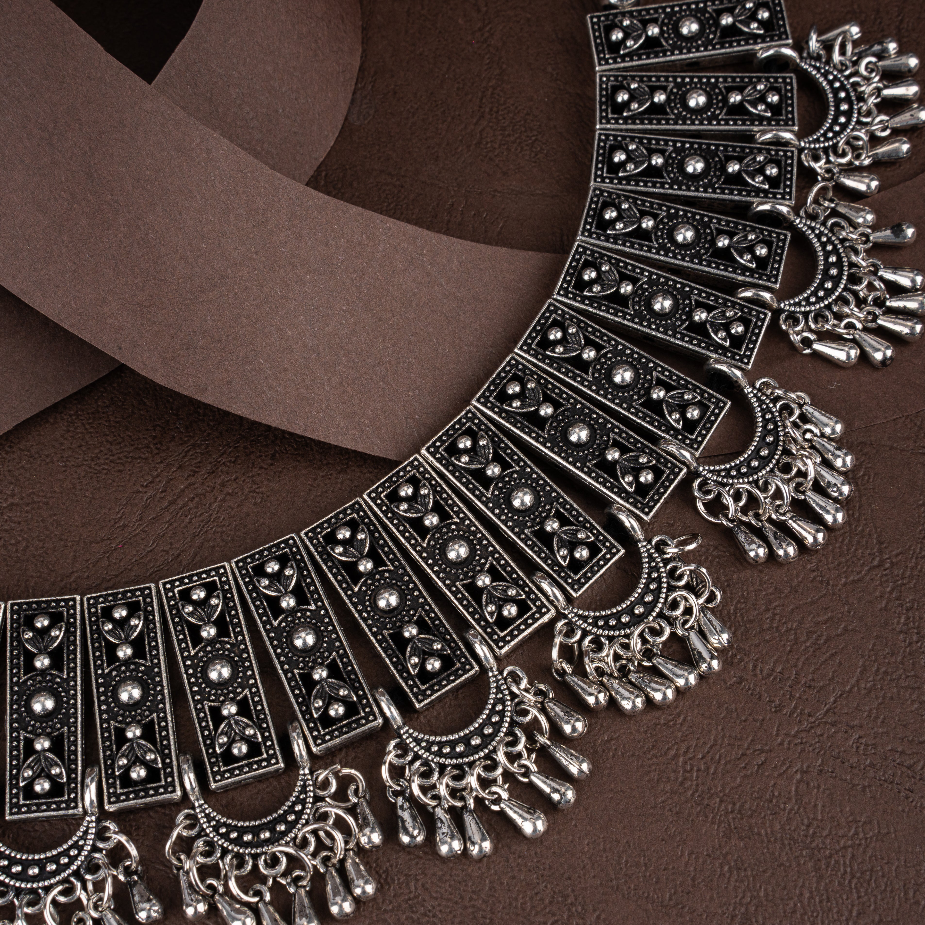 Oxidised Silver Filigree Plaque Collar Choker Necklace Set with Crescent Drops and Bell Jhumkis