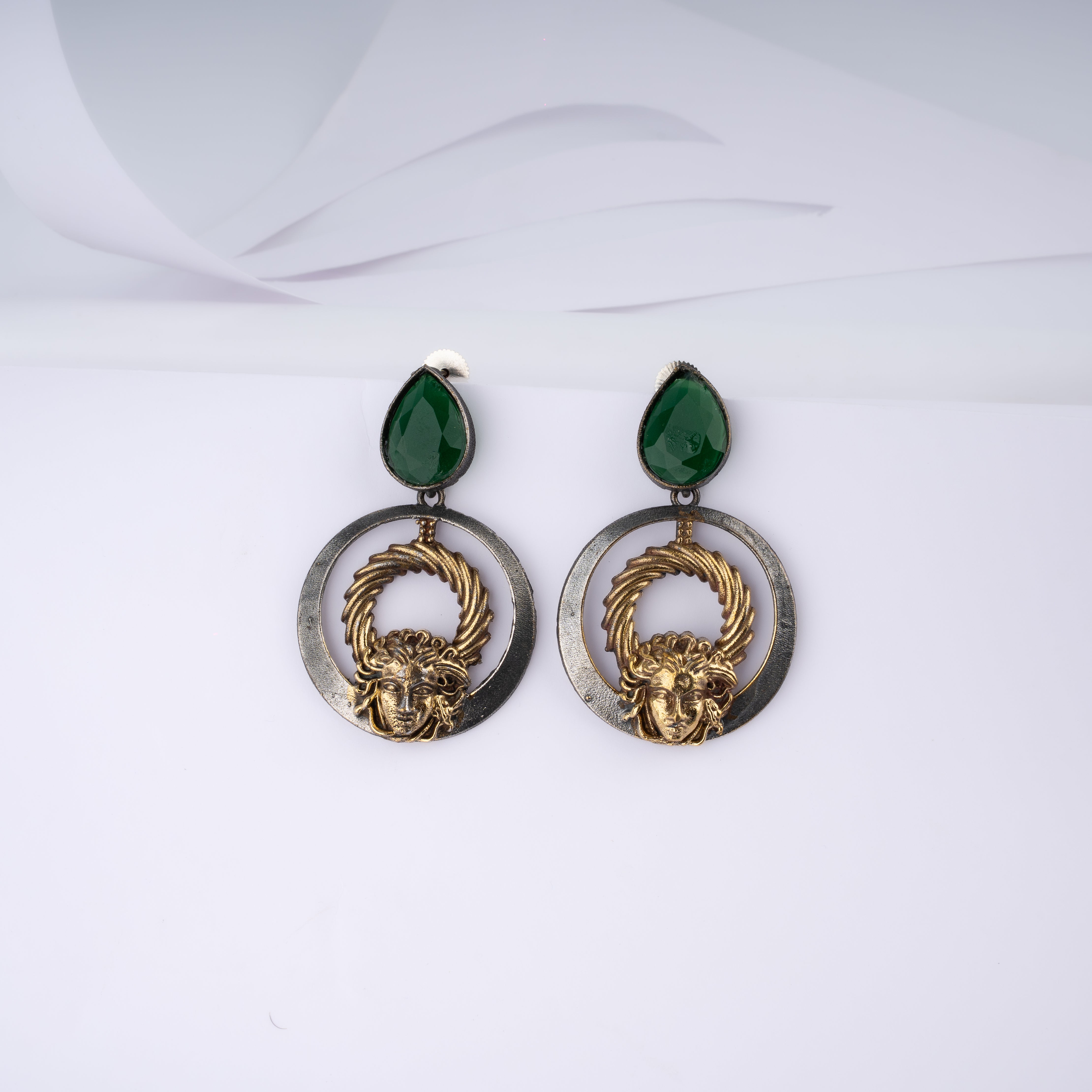 Dual Tone Medusa Wreath Hoop Stone Drop Statement Earrings