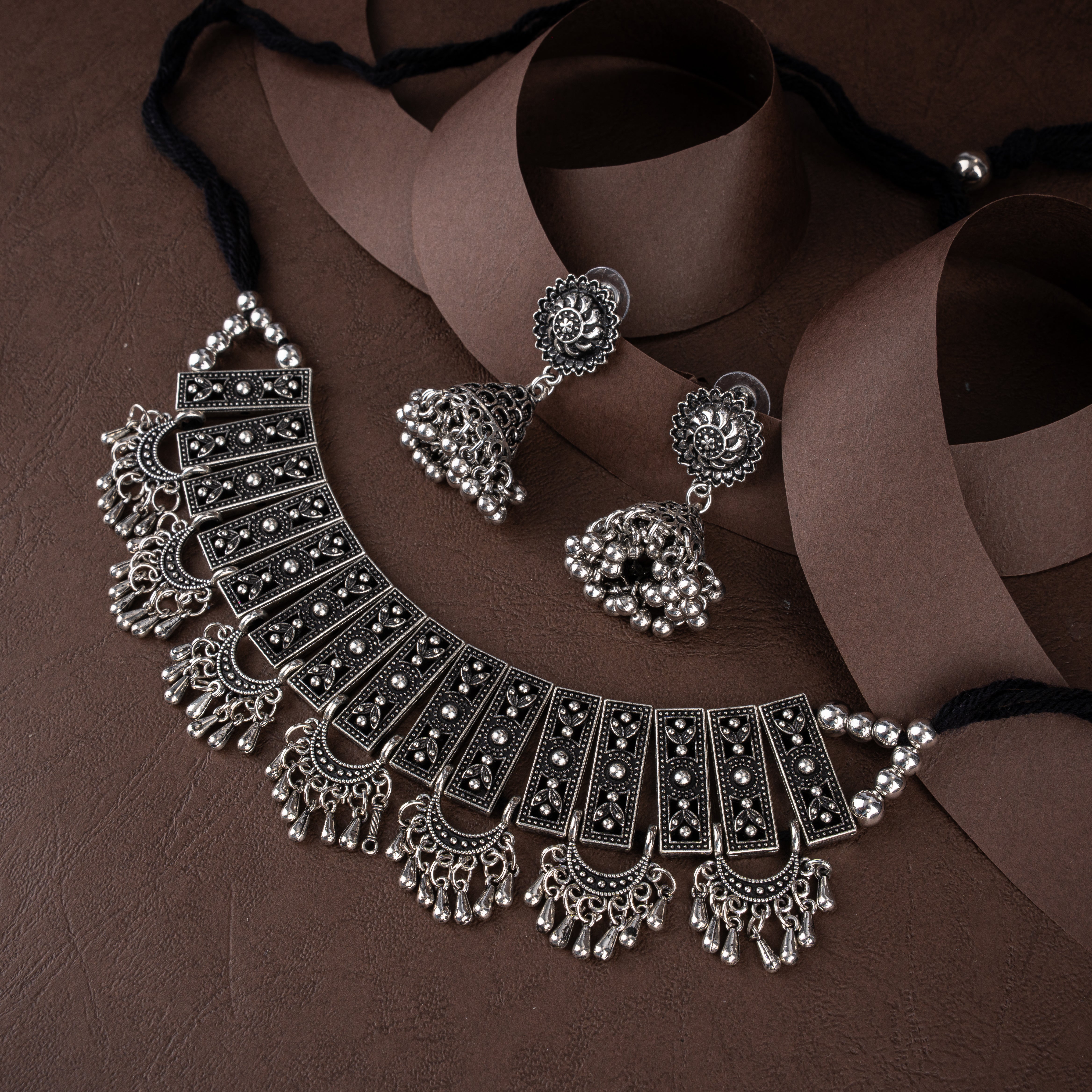 Oxidised Silver Filigree Plaque Collar Choker Necklace Set with Crescent Drops and Bell Jhumkis
