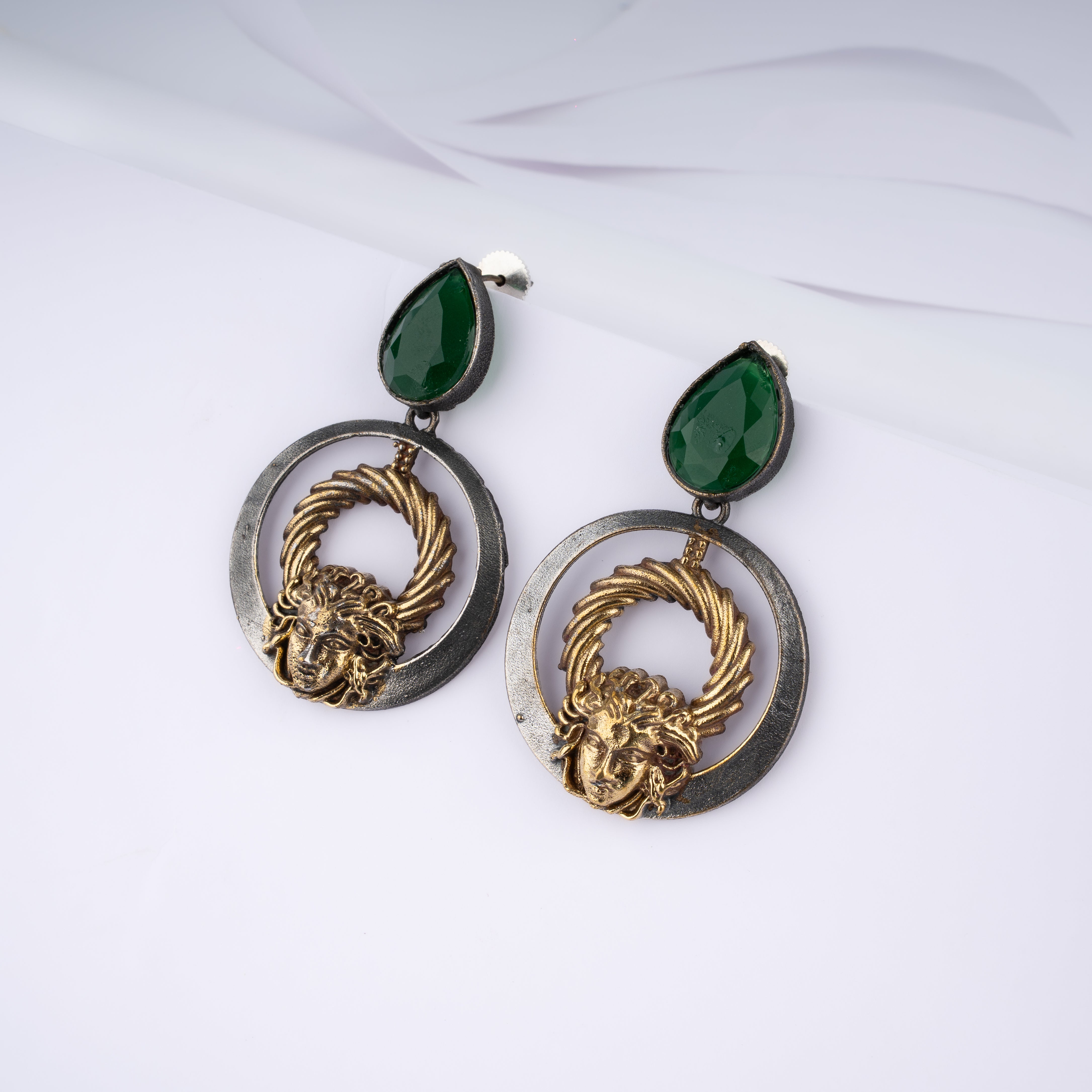 Dual Tone Medusa Wreath Hoop Stone Drop Statement Earrings