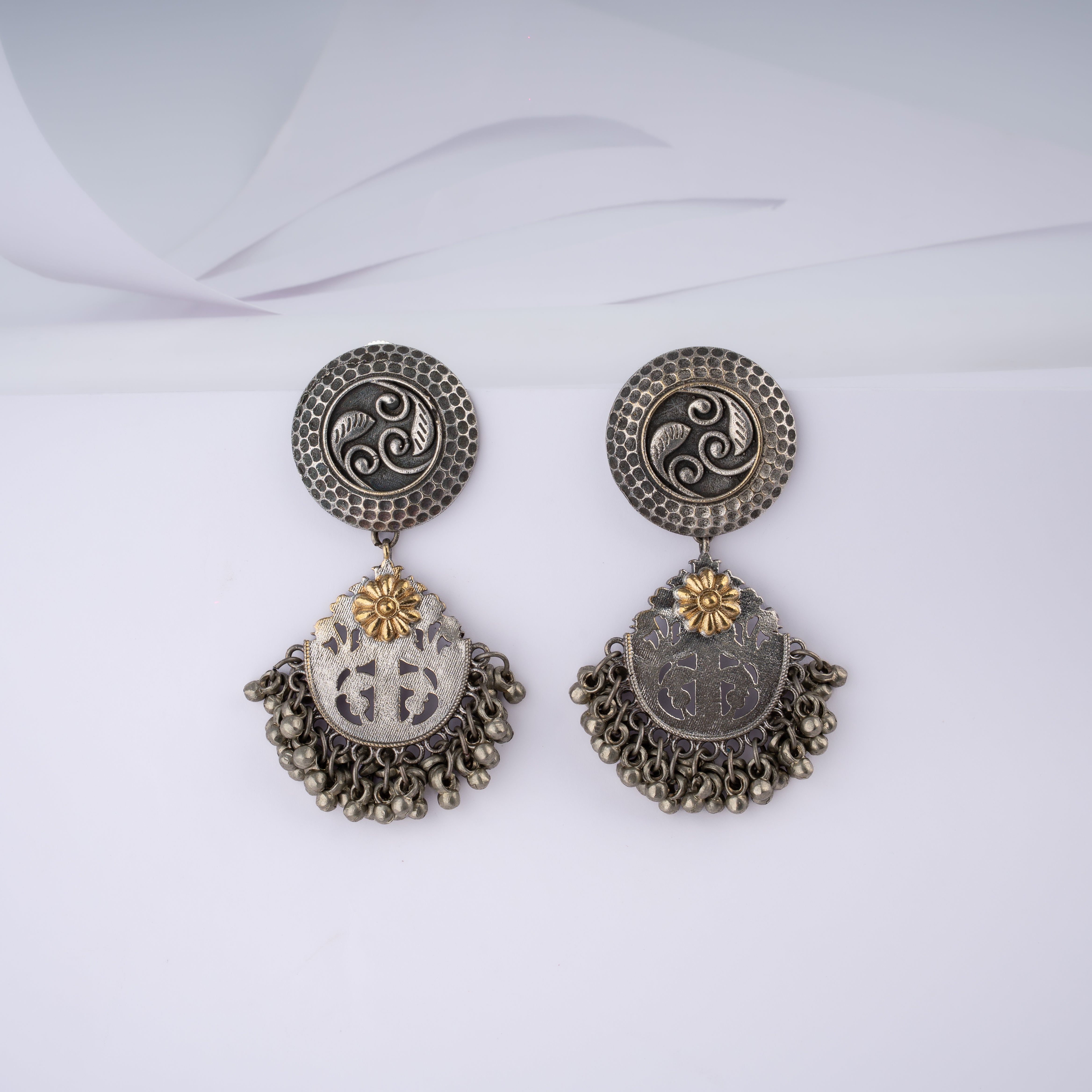 Dual Tone Paisley Medallion Ghungroo Tassel Statement Drop Earrings