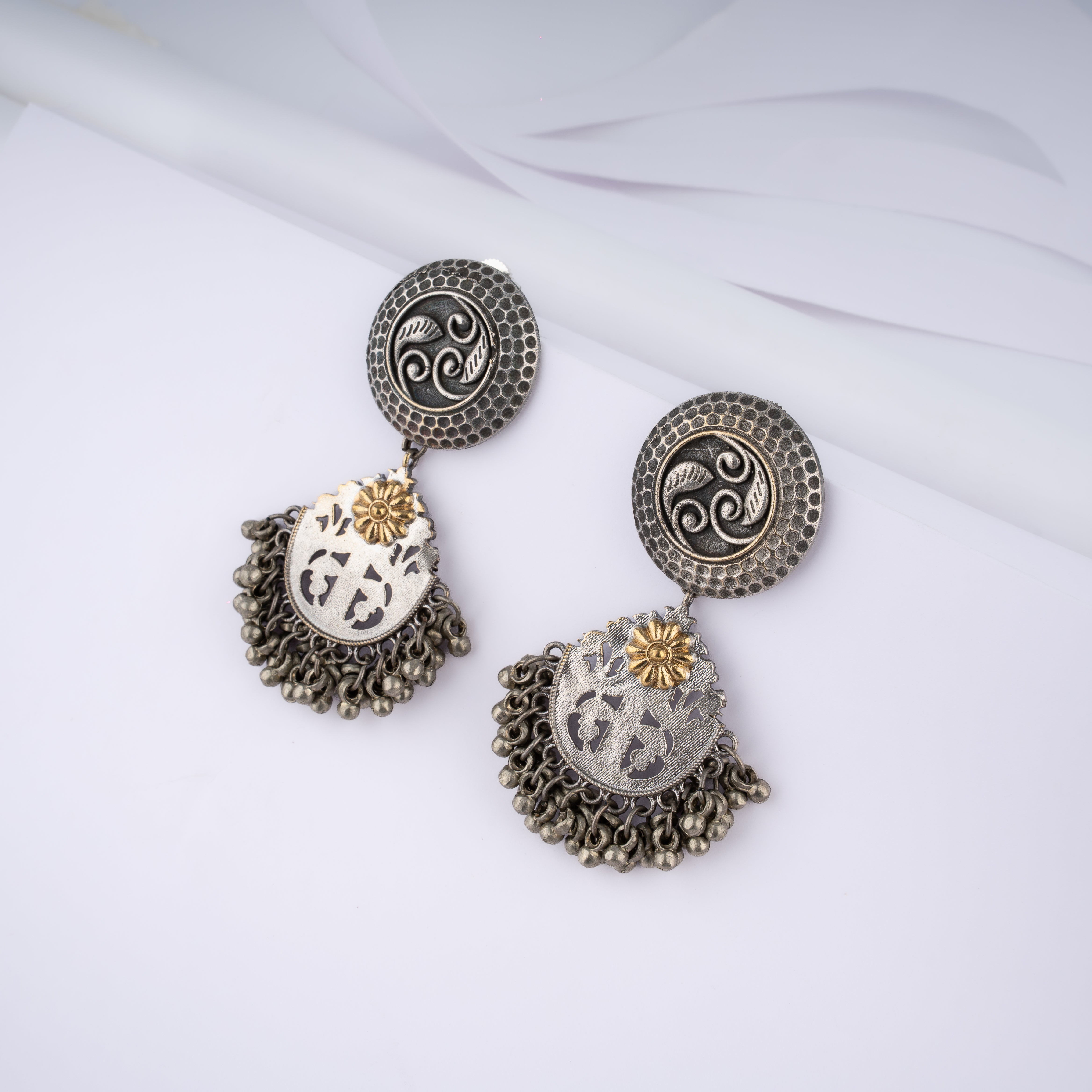 Dual Tone Paisley Medallion Ghungroo Tassel Statement Drop Earrings