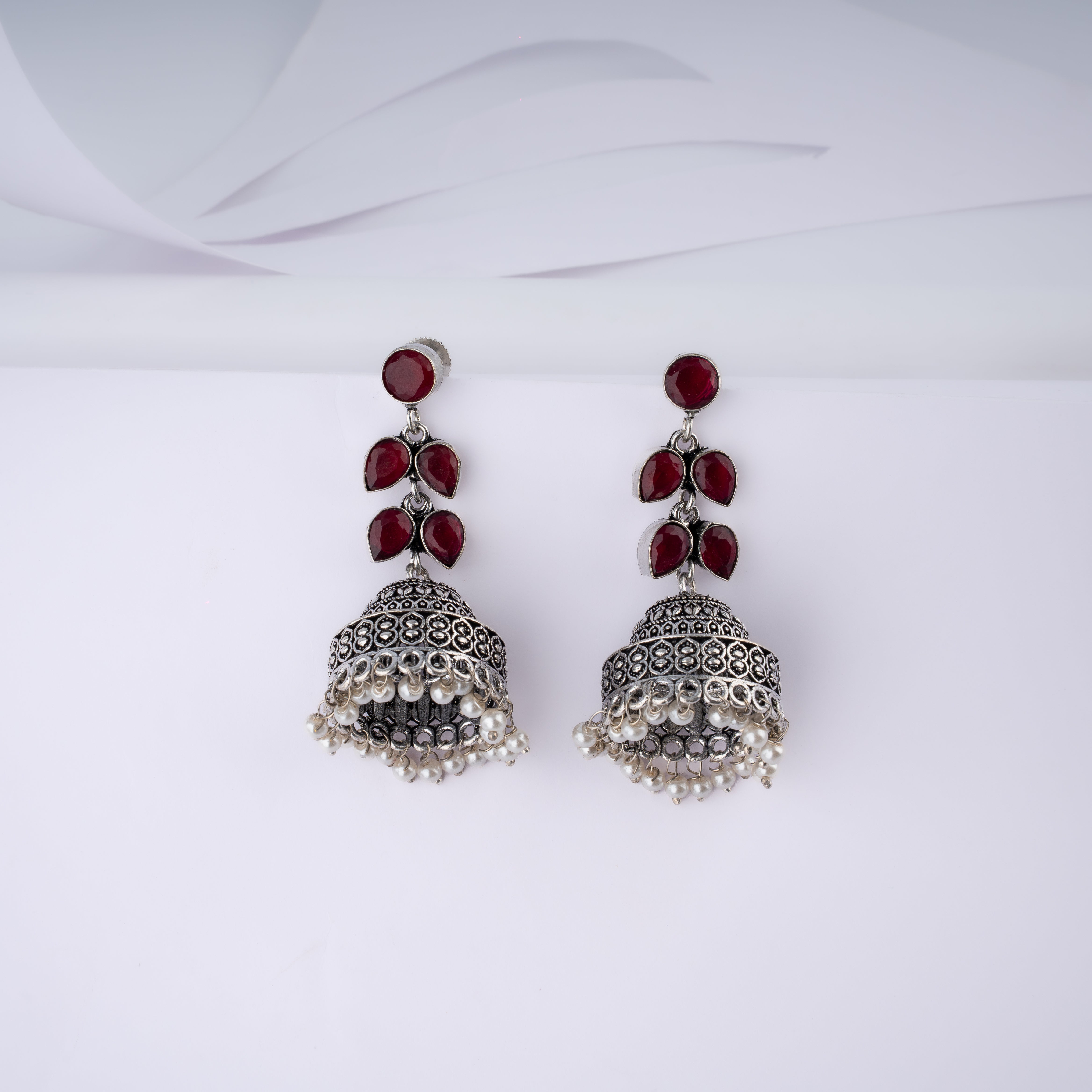 Oxidised Silver Foliate Stone Pearl Dome Jhumka Statement Earrings
