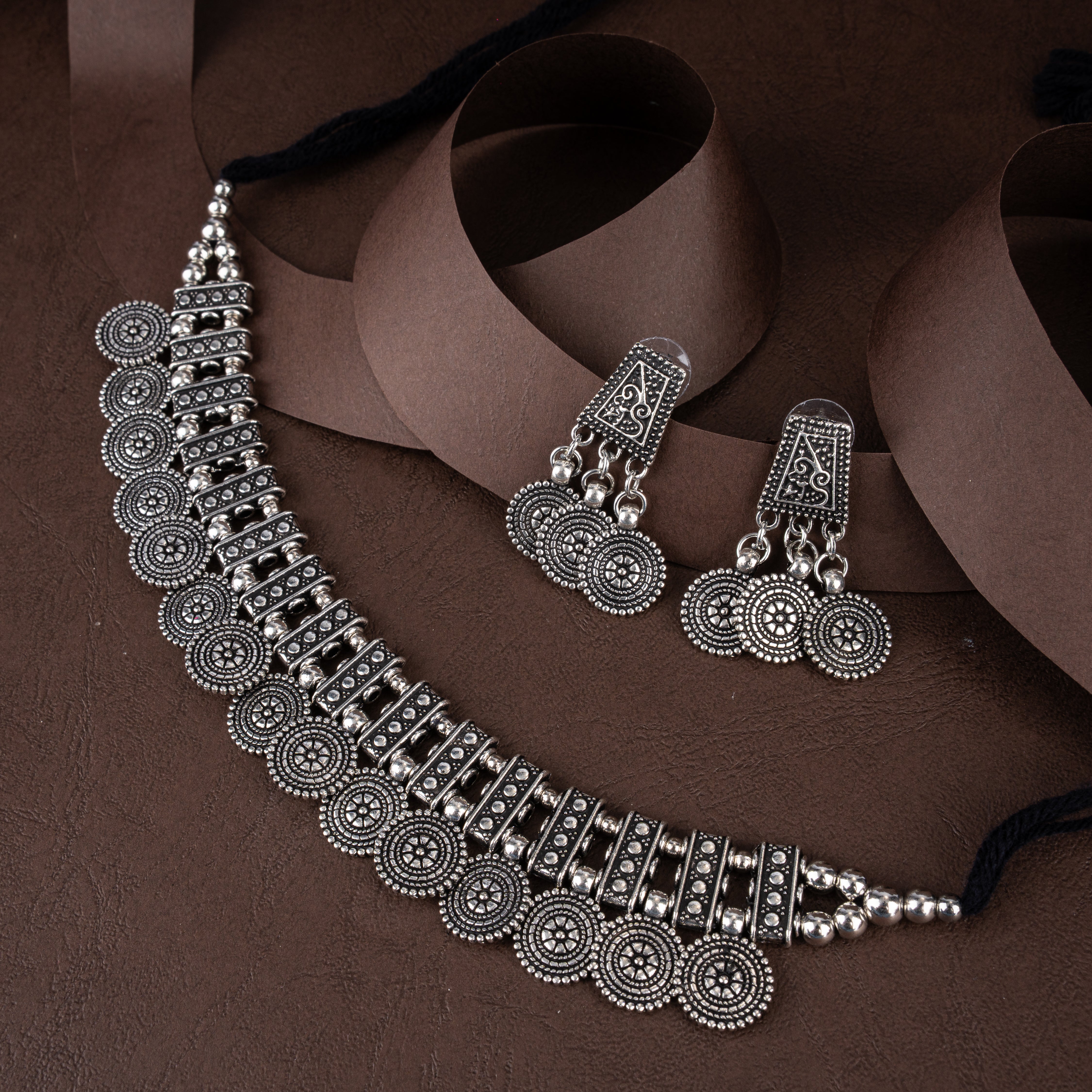 Oxidised Silver Sunburst Medallion Ladder Choker Necklace Set with Drop Earrings