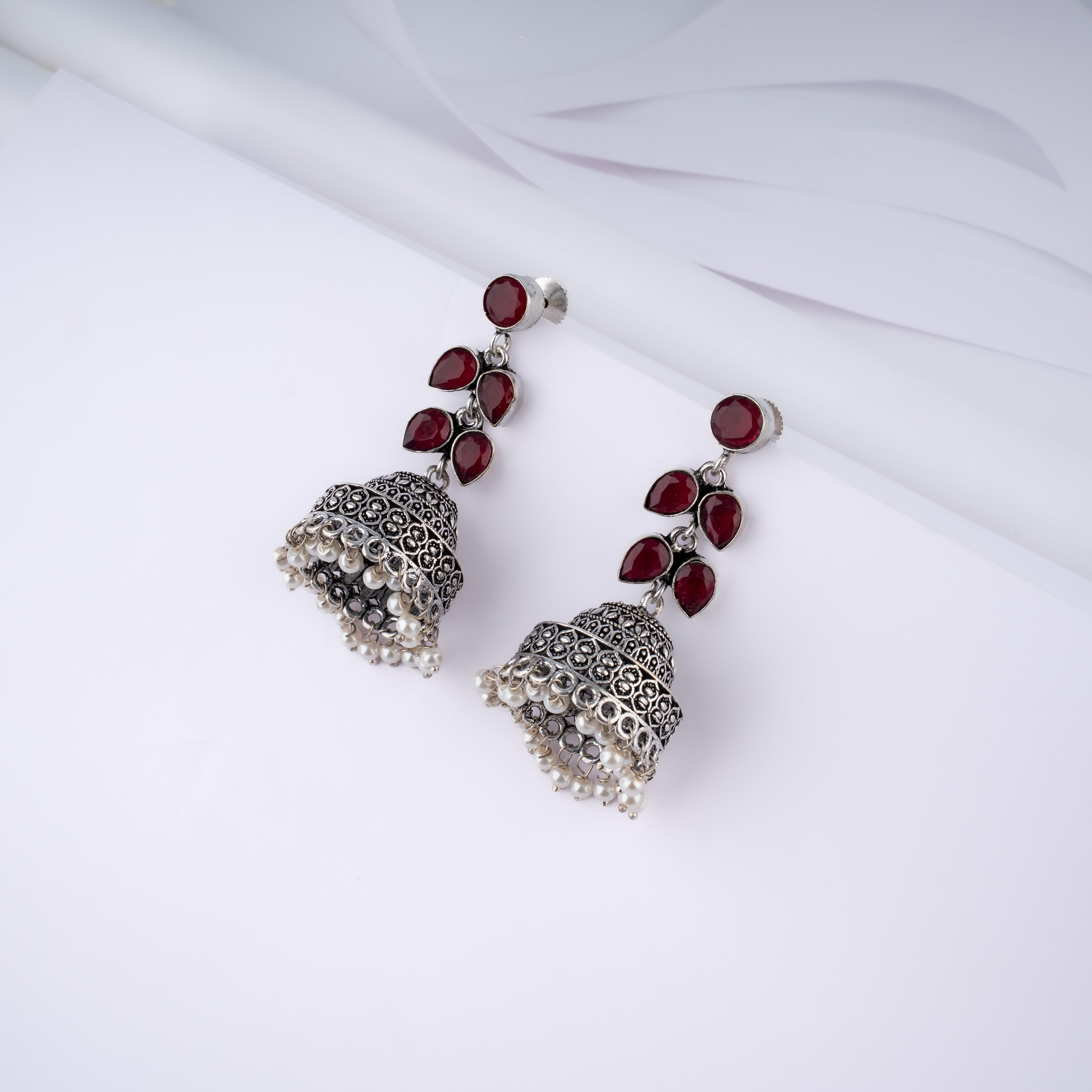 Oxidised Silver Foliate Stone Pearl Dome Jhumka Statement Earrings